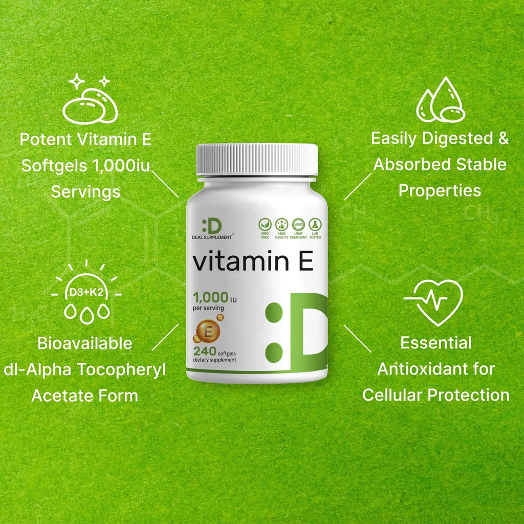 Vitamin E Supplements, 1,000 IU Per Serving, 240 Softgels – Extra Strength Antioxidant Protection – Bioavailable Stable Form DEAL SUPPLEMENT Au supplements