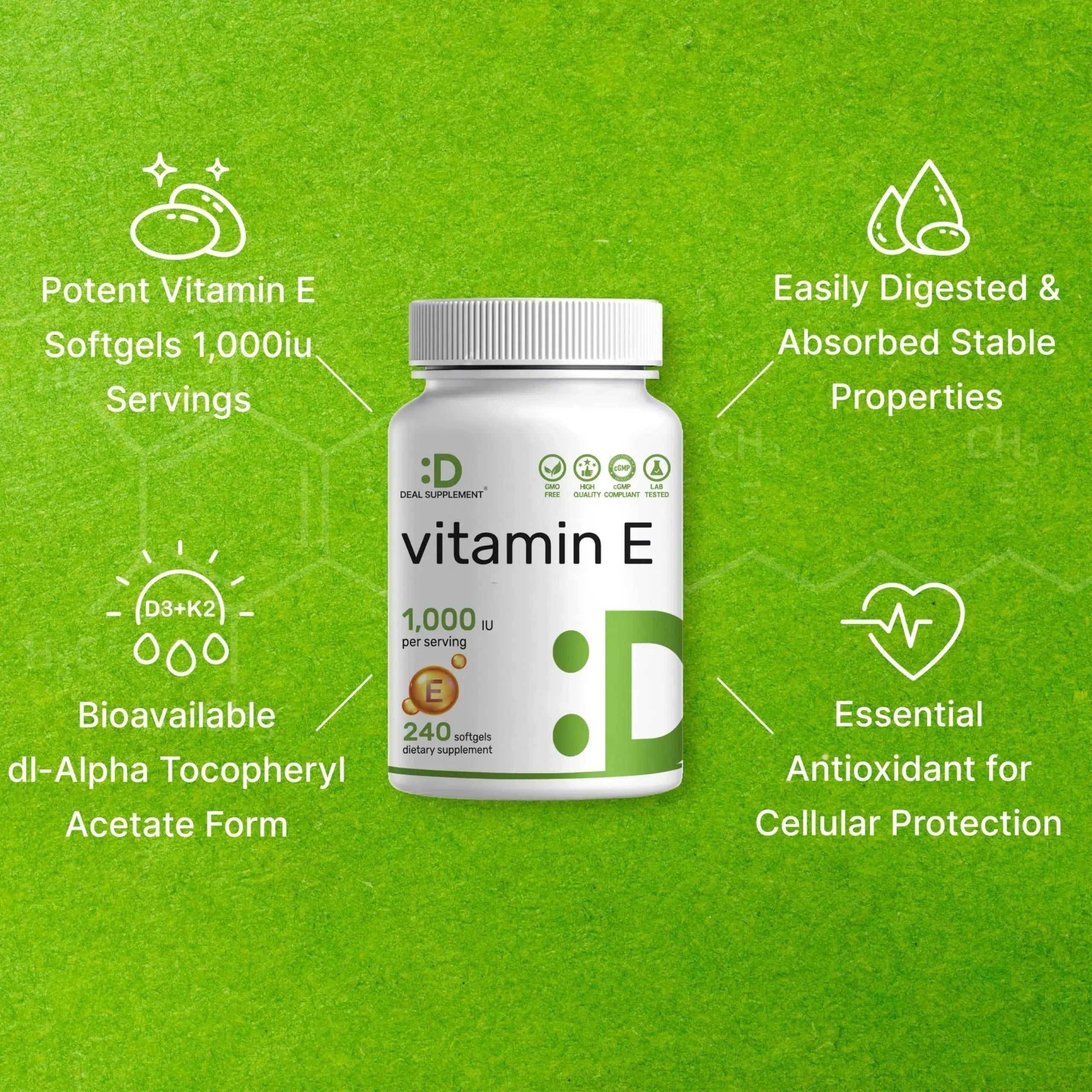 Vitamin E Supplements, 1,000 IU Per Serving, 240 Softgels – Extra Strength Antioxidant Protection – Bioavailable Stable Form DEAL SUPPLEMENT Au supplements