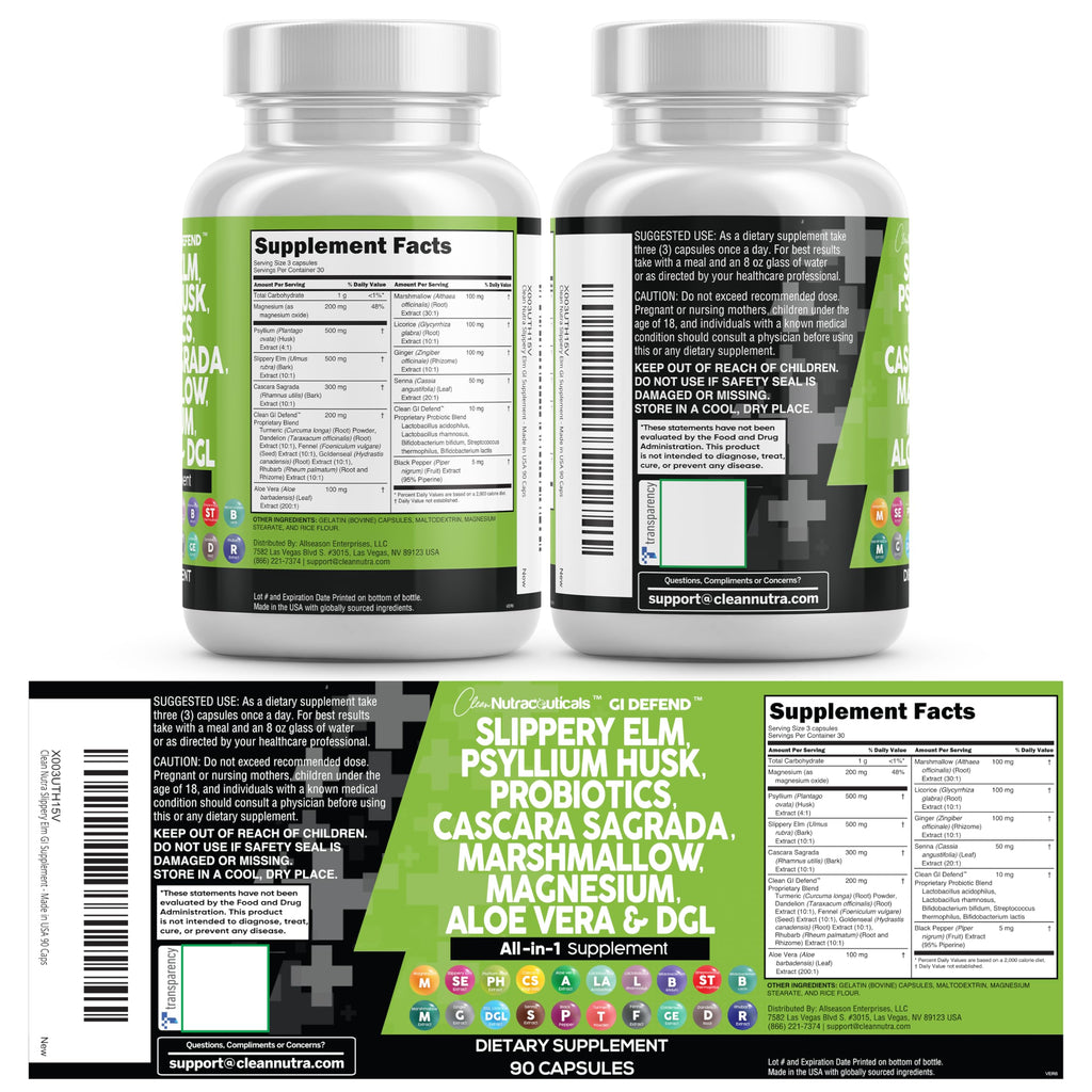 Clean Nutraceuticals Slippery Elm Psyllium Husk Pre Probiotic Digestive Gut Health Supplement with Aloe Vera Cascara Sagrada