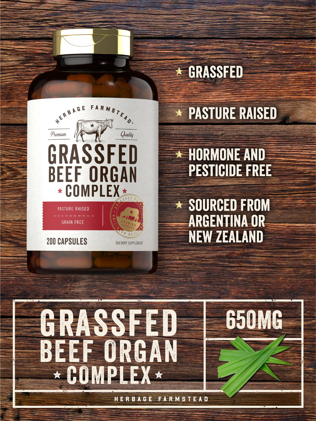Carlyle Grass Fed Beef Organ Complex | 200 Capsules | Pasture Raised, Grain Free Supplement | with Desiccated Liver, Kidney, Pancreas, Heart, Spleen