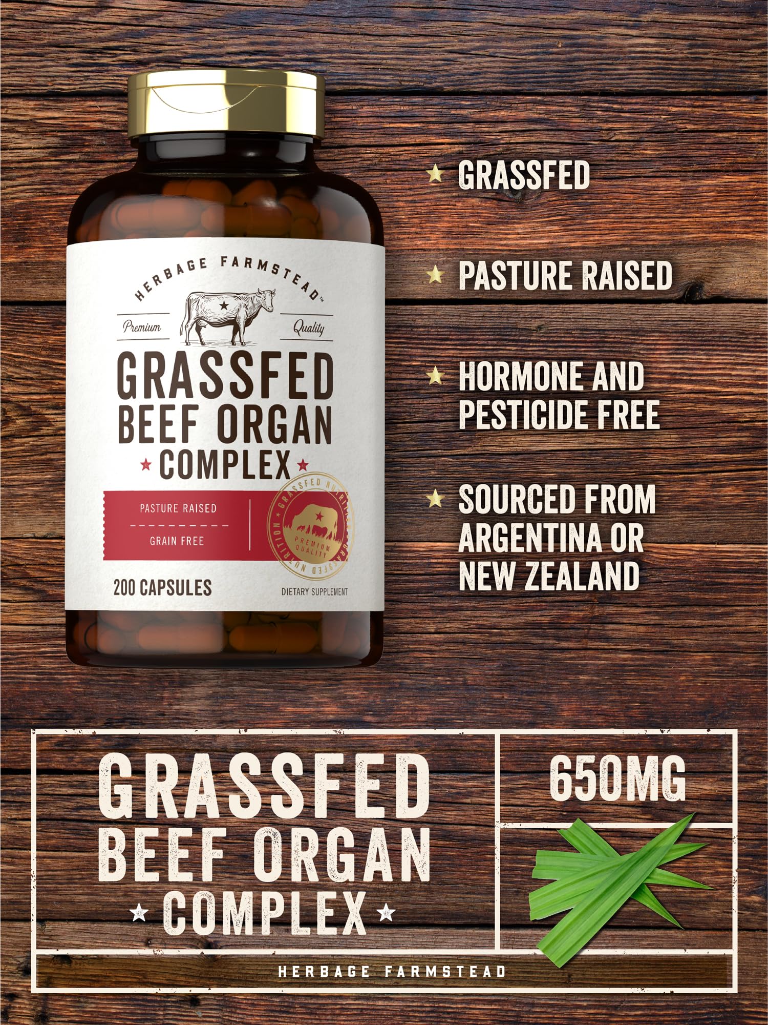 Carlyle Grass Fed Beef Organ Complex | 200 Capsules | Pasture Raised, Grain Free Supplement | with Desiccated Liver, Kidney, Pancreas, Heart, Spleen