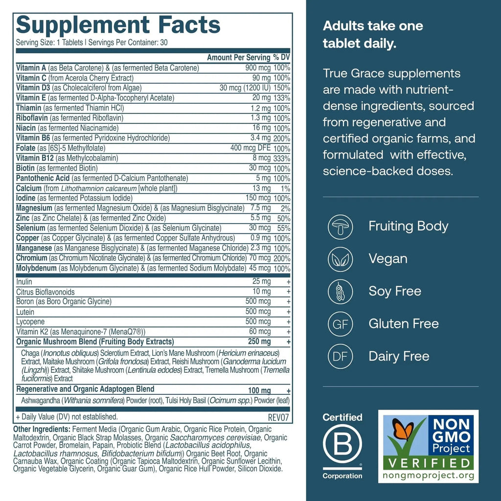True Grace Men's 40+ One Daily Multivitamin Fermented Minerals, Organic Adaptogens & Mushrooms Whole Body Balance Immune True Grace Au supplements