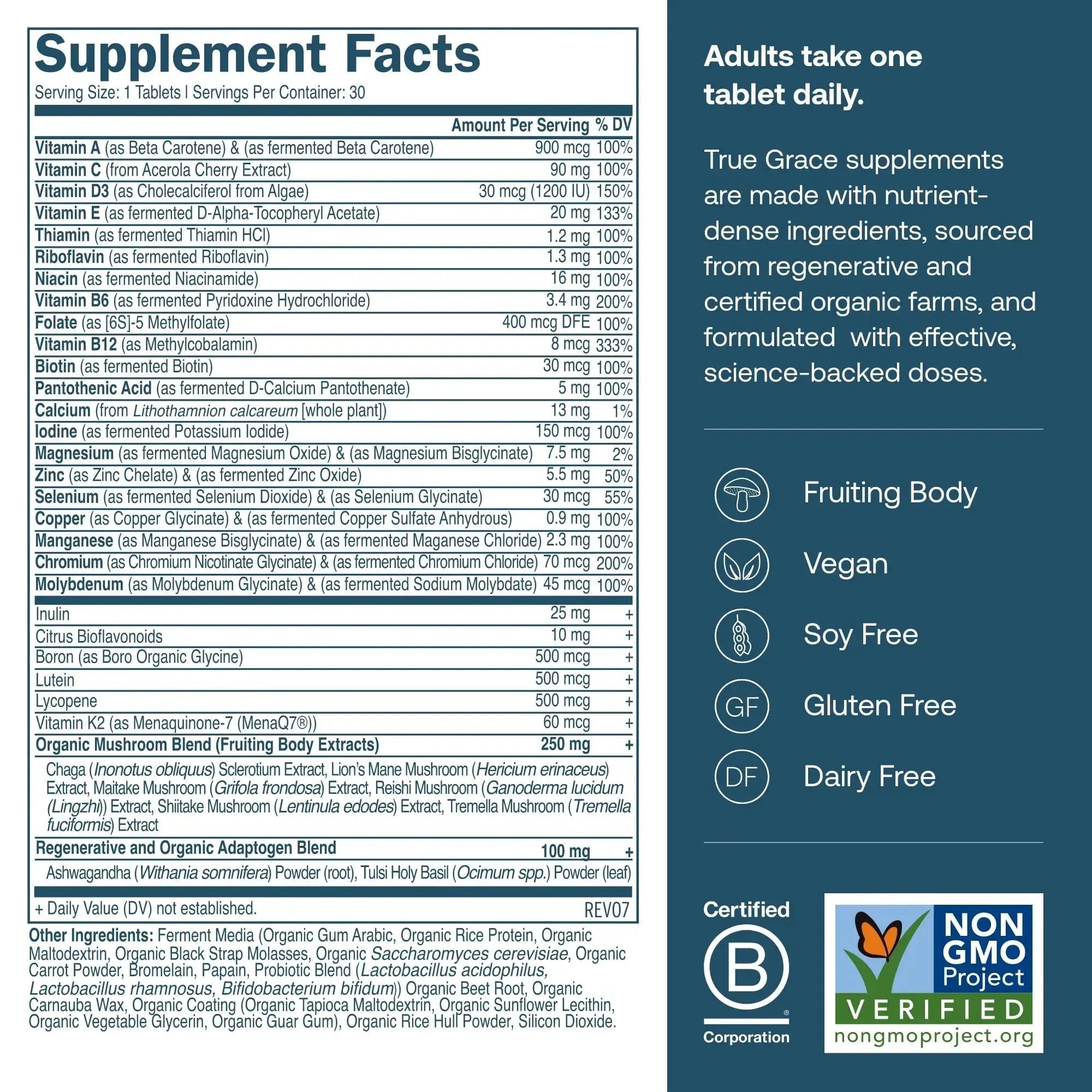 True Grace Men's 40+ One Daily Multivitamin Fermented Minerals, Organic Adaptogens & Mushrooms Whole Body Balance Immune True Grace Au supplements