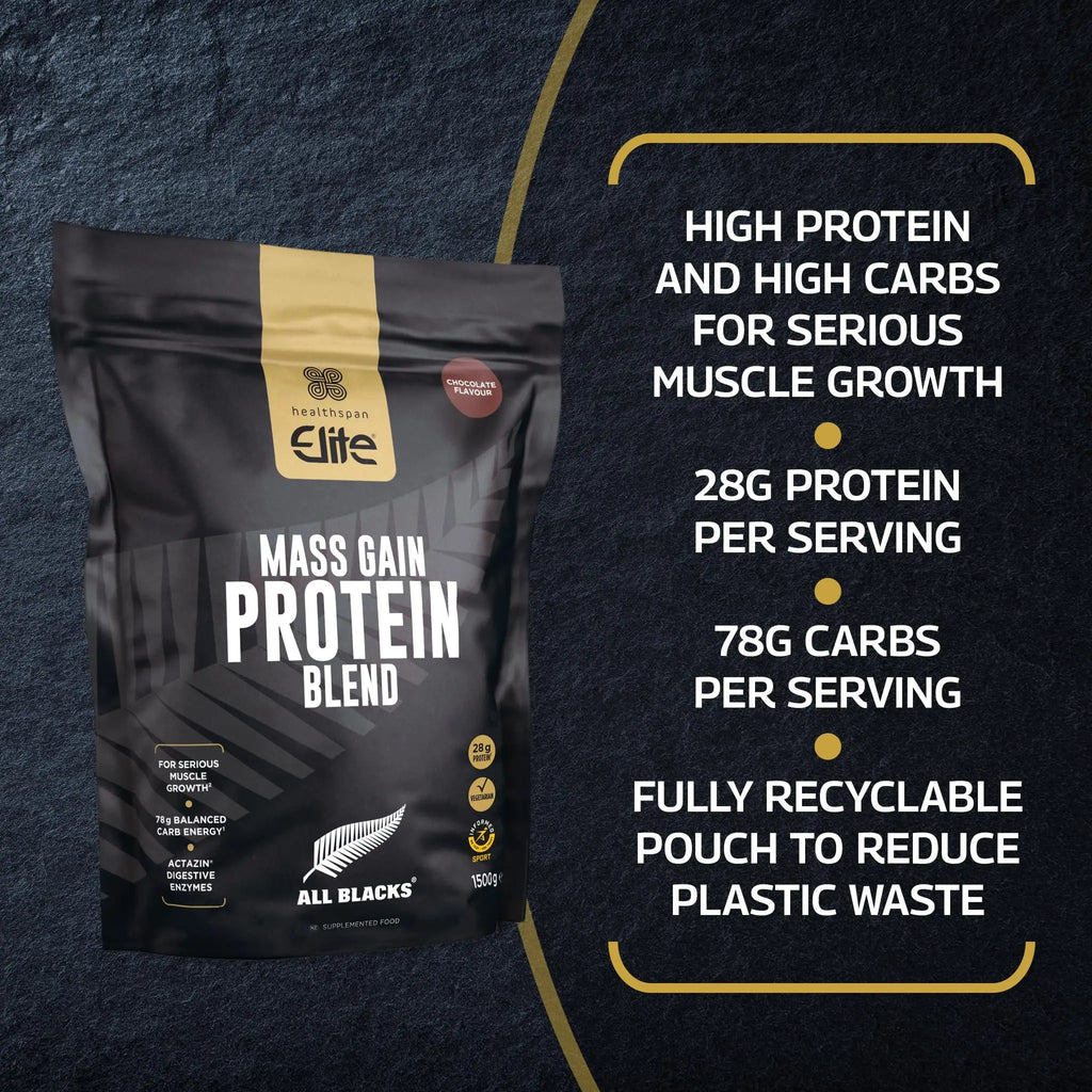 Healthspan Elite All Blacks Mass Gain Protein Blend (1500g) | Chocolate | 28g of Protein Healthspan Elite Au supplements