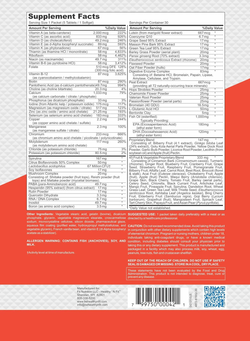 Healthy 'N Fit NUTRI Pack - 30 Day Pkt -One Pack Daily, Multivitamin All-in-One Packets Healthy 'N Fit Au supplements