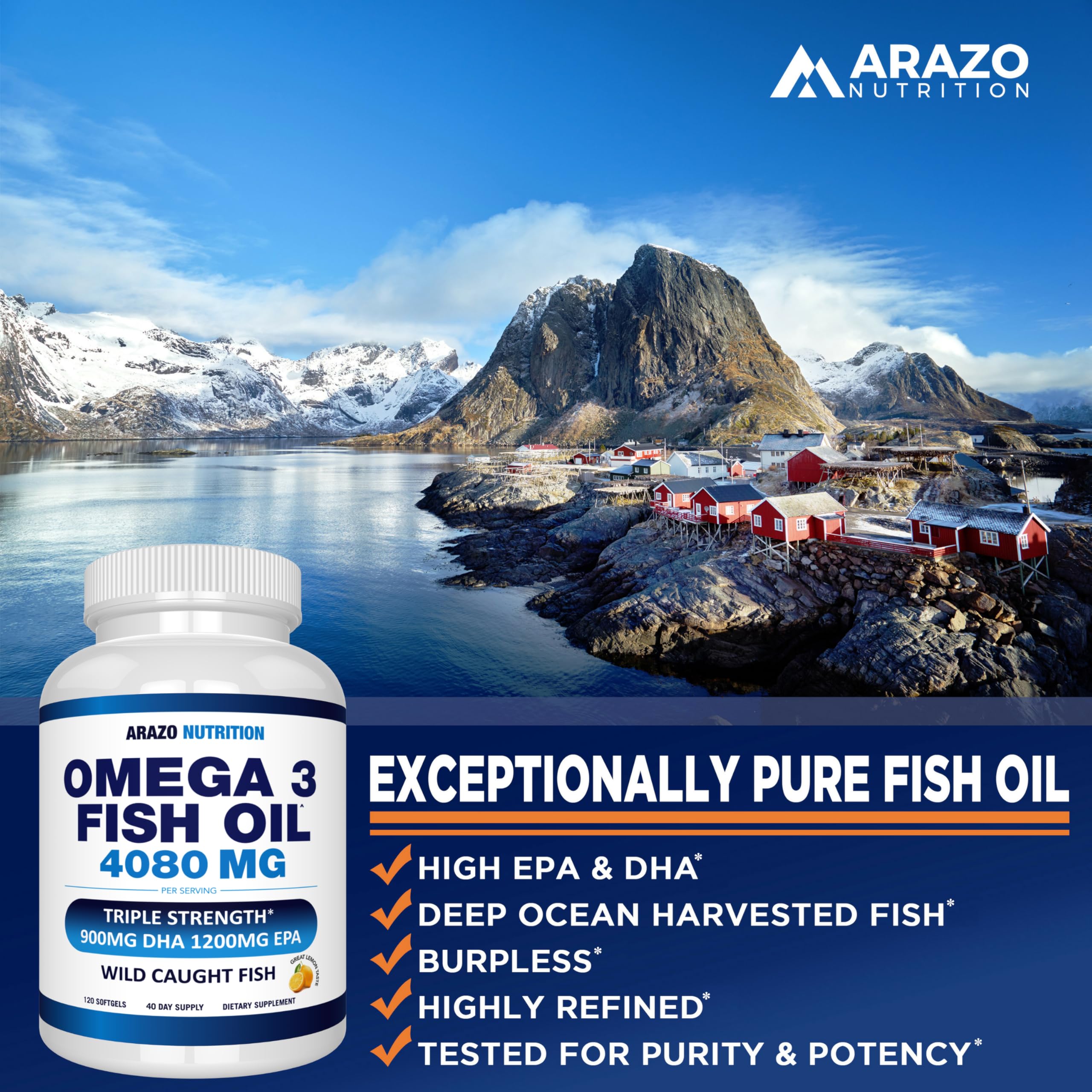 Arazo Nutrition Wild Caught Omega-3 Fish Oil Concentrate – 4,080mg per Serving – High EPA 1200mg & DHA 900mg
