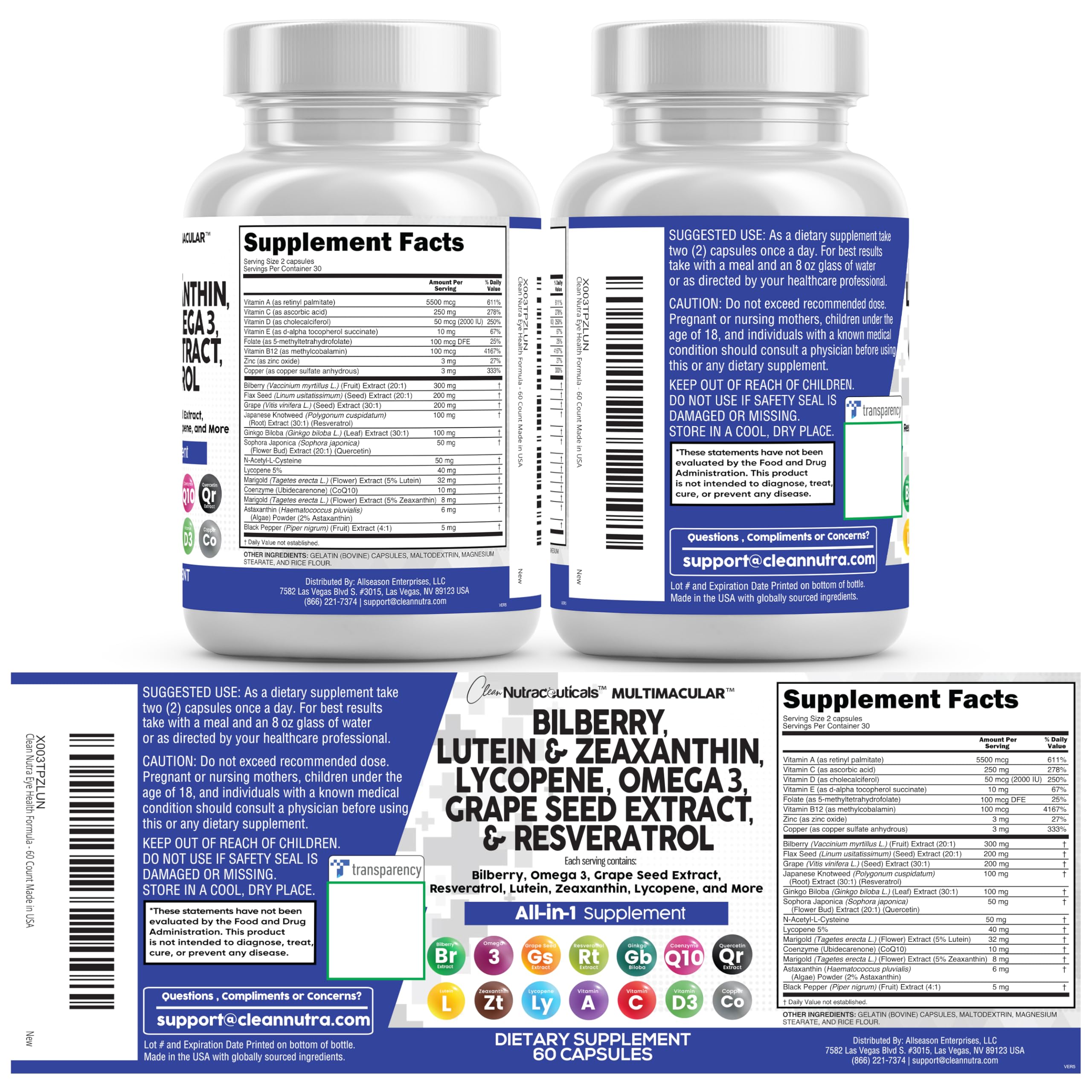 Clean Nutra Eye Vitamins with Bilberry Lutein and Zeaxanthin Supplements Lycopene 40mg Resveratrol Grape Seed Astaxanthin for Eyes - Eye Care Health Support Eye