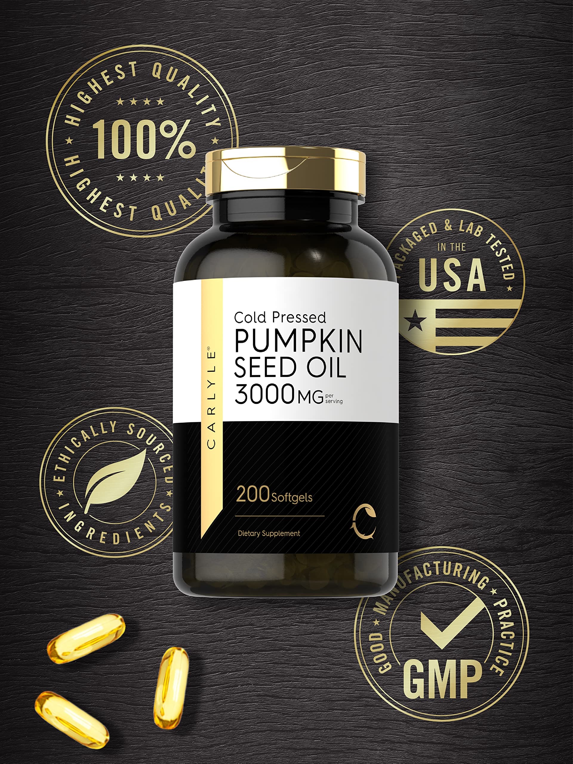 Carlyle Pumpkin Seed Oil Capsules | 3000mg | 200 Softgels | Essential Fatty Acids | Cold Pressed Dietary Supplement | Non-GMO and Gluten Free Formula