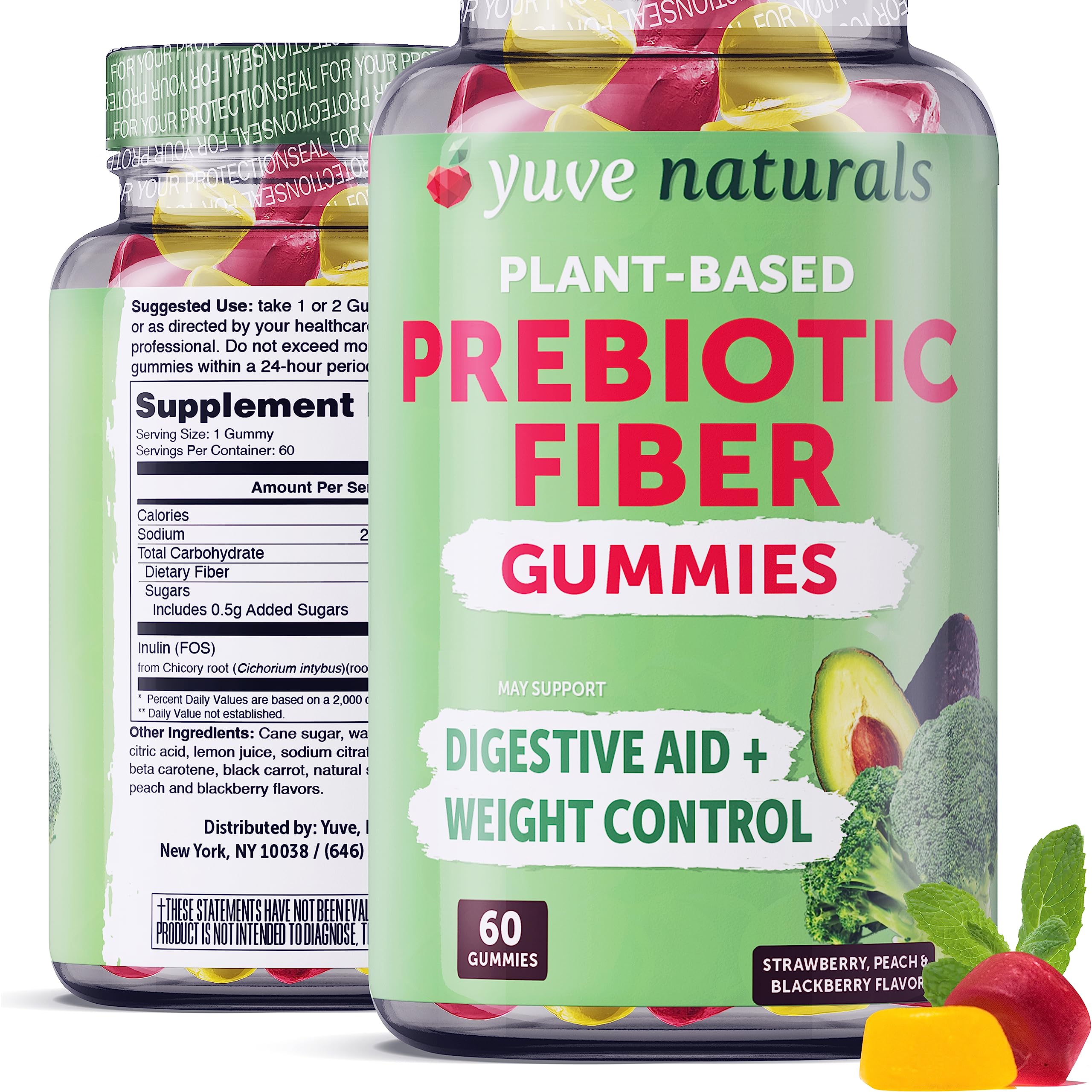 Yuve Prebiotic Fiber Gummies - Delicious - 3g Soluble Fiber Supplement - Supports Digestive Health & Regularity - Vegan & Gluten-Free Fiber Gummies for Adults & Kids