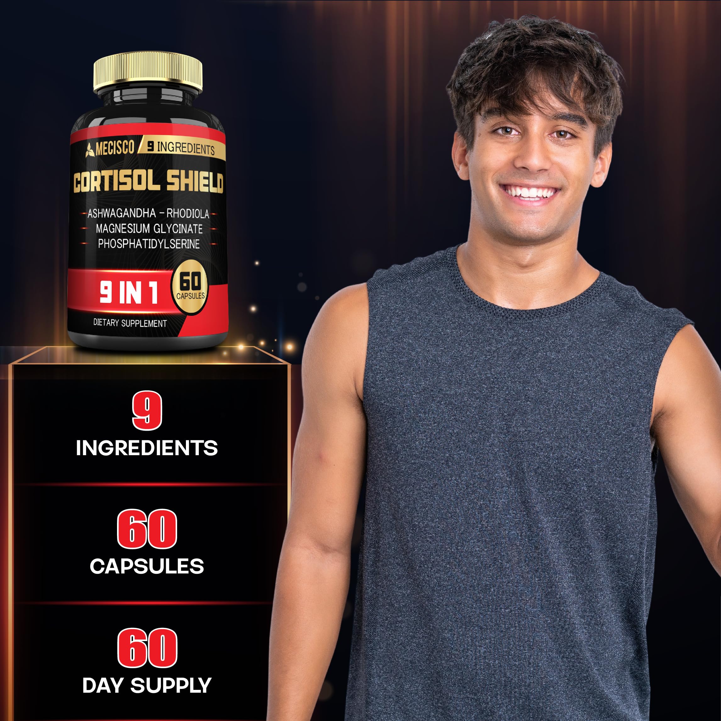 9in1 Cortisol Shield - Ashwagandha & Magnesium Glycinate, Rhodiola, Phosphatidylserine, L-Theanine, Licorice Root, St. John's Wort, Lions Mane - Mind & Mood, Restful Night Support - 60 Capsules Mecisco Au supplements