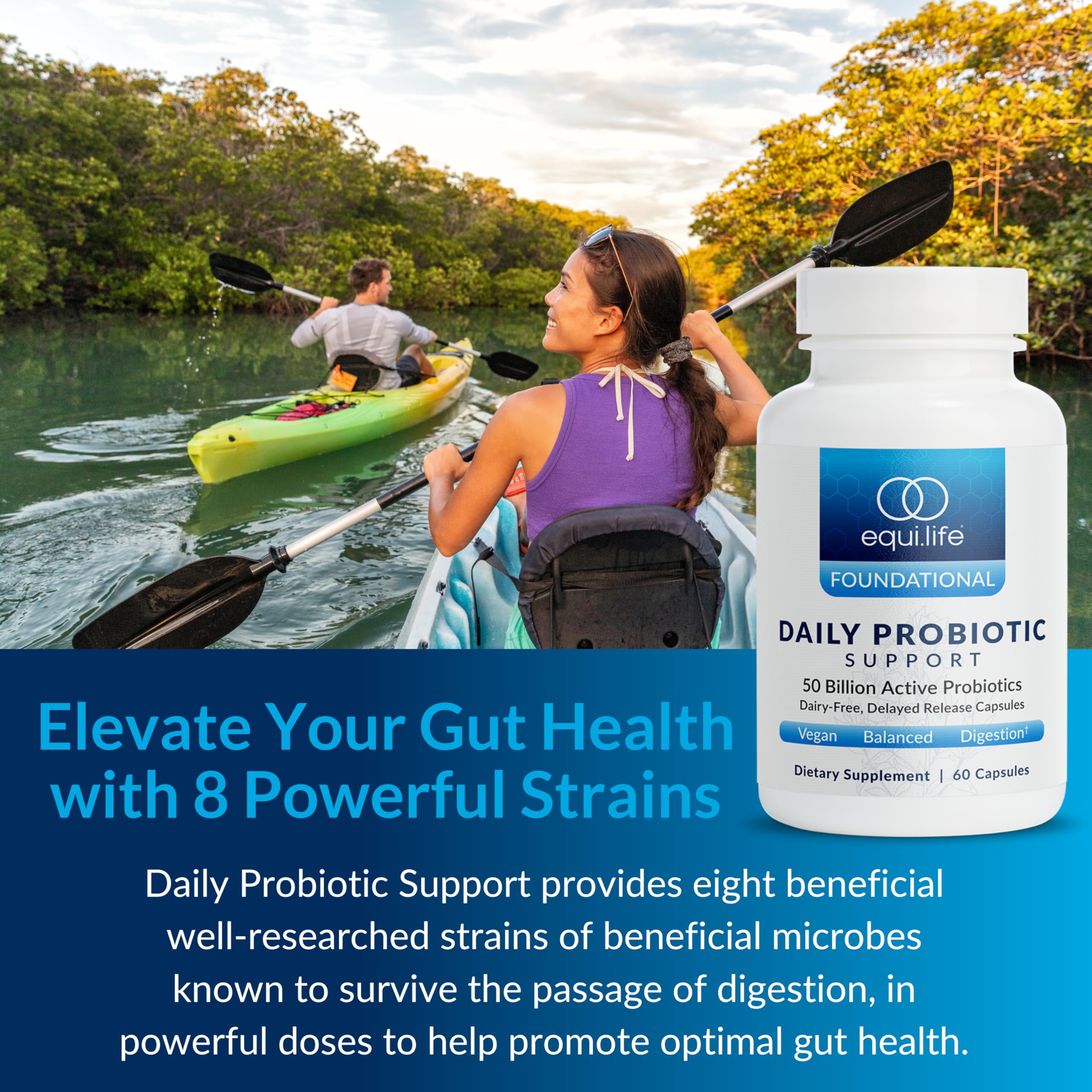 Equilife Daily Probiotic Support, 50 Billion CFU, 8 Probiotic Strains, Digestive and Gut Health Supplement for Men and Women, Gluten Free, Soy and Dairy Free