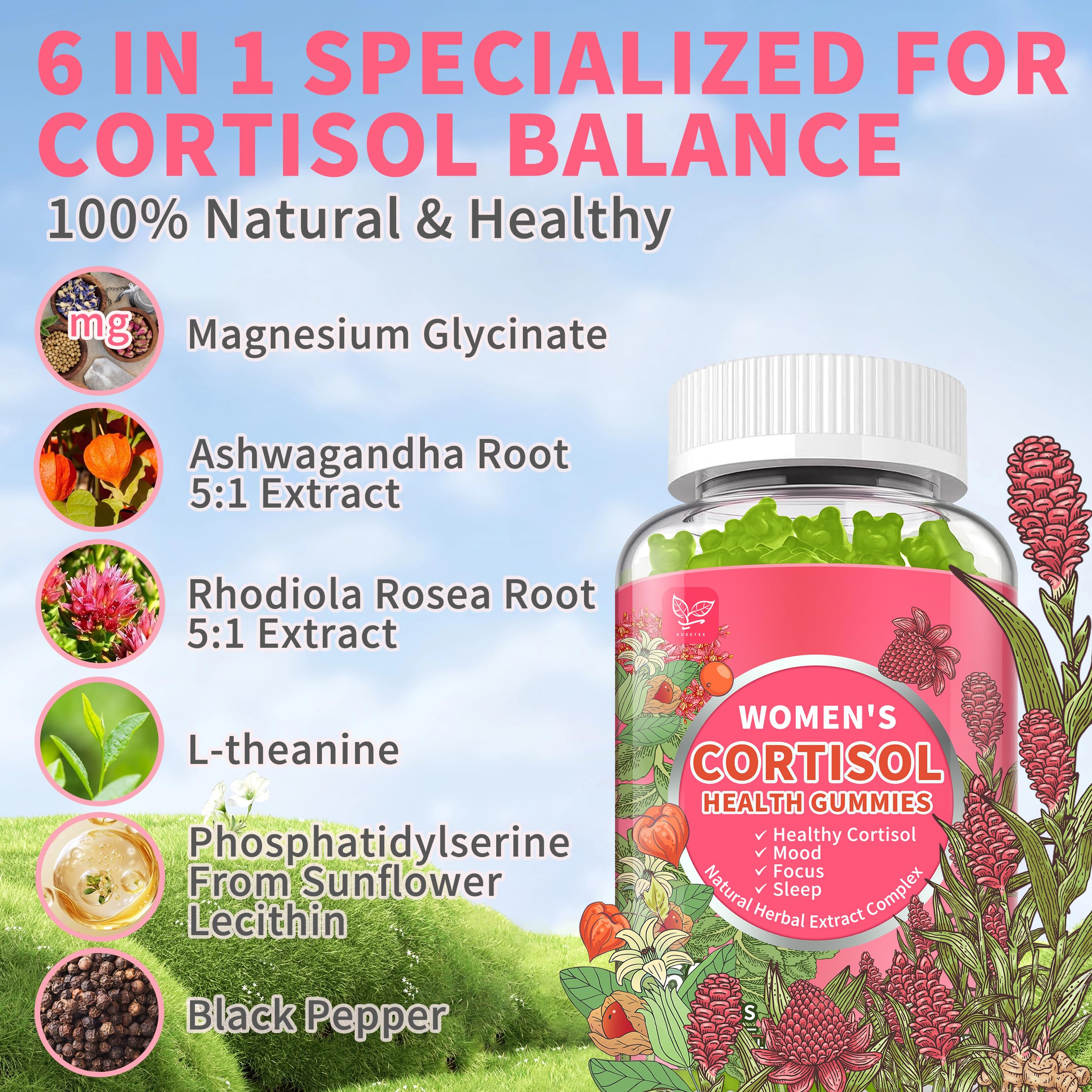 Cortisol Gummies for Women,Cortisol Manager with Ashwagandha,Magnesium,L-theanine,Phosphatidylserine,Rhodiola Rosea,Black Pepper for Mood Support,Adrenal Balance,Sleep,Vegan,Apple Flavor,60 Count Hudetex Au supplements