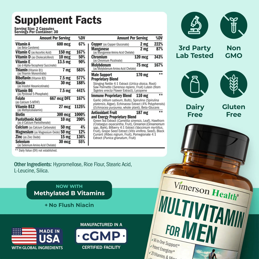 Multivitamin for Men – Methylated Mens Multivitamins & Multiminerals Capsules with Vitamin B12, A, D, C, Zinc, Magnesium & More for Complete Daily Support Vimerson Health Au supplements