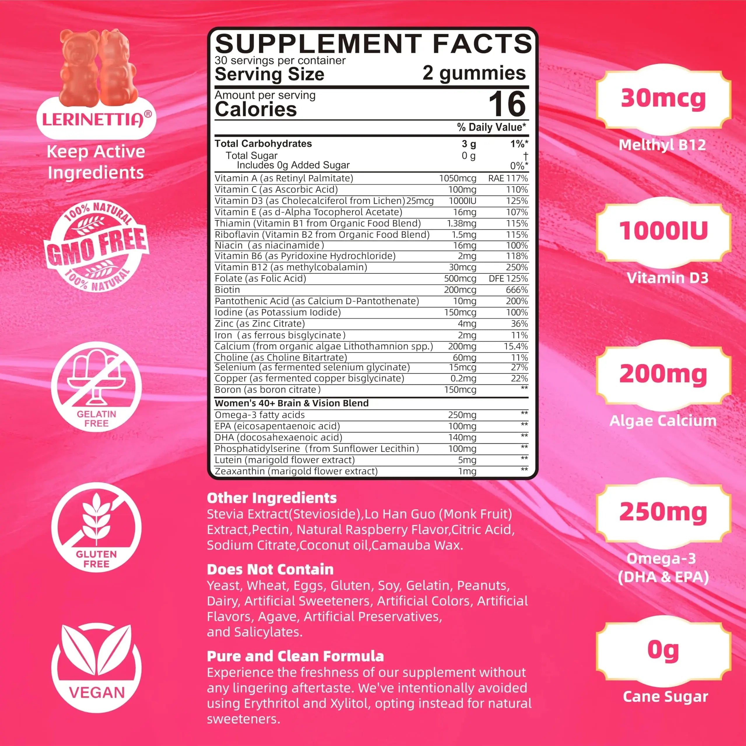 Lerinettia Multivitamin for Women Gummies for 40+ with Omega-3, Niacinamide, B-Complex, Lutein, Iron, Choline, Phosphatidylserine, Vitamin D3 Lerinettia Au supplements