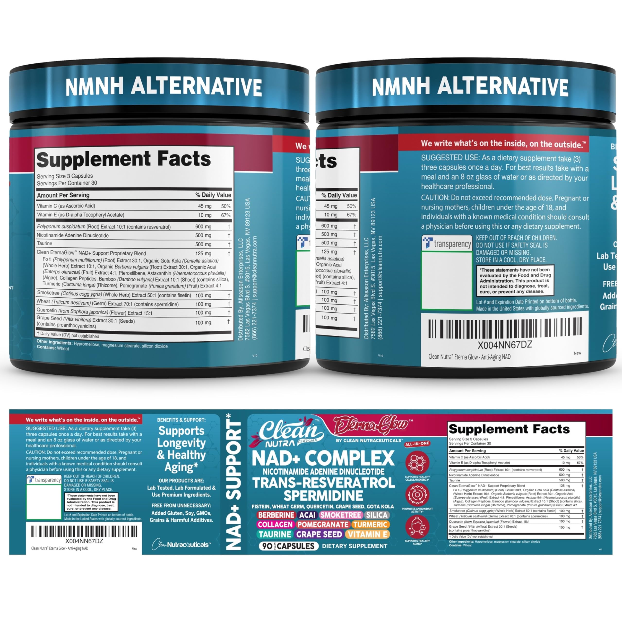 Clean NAD Supplement Resveratrol Liposomal NAD+ Spermidine Fisetin Wheat Germ Quercetin Grape Seed Extract Gotu Kola Berberine Astaxanthin Peptides for Women Energy 90 Capsules Clean Nutraceuticals Au supplements