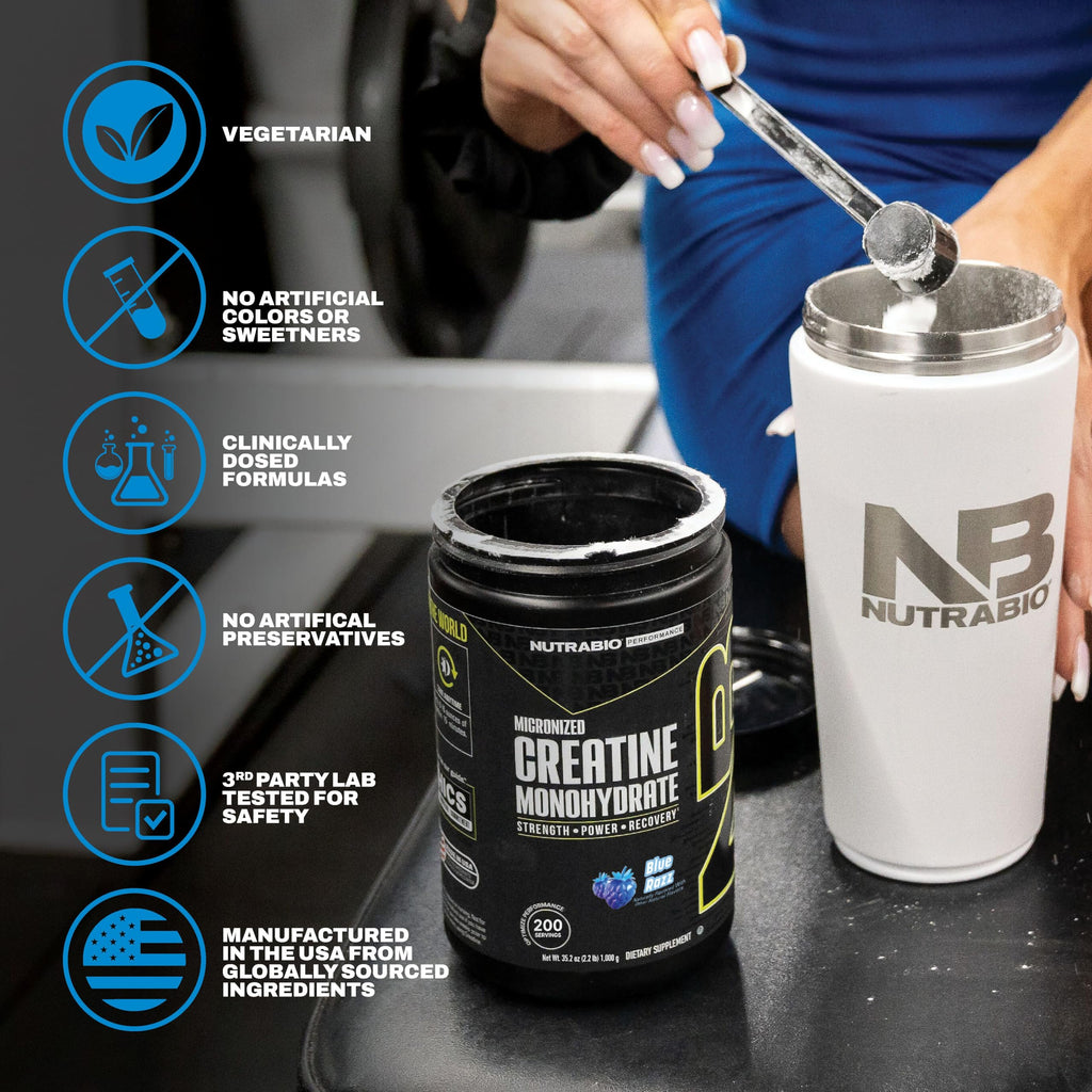 NutraBio Pure Micronized Creatine Monohydrate Powder Supplement, Blue Razz (300 g) - Supports Bulk Muscle Energy, Recovery, and Strength - HPLC Tested Creatine Powder Supplement for Men and Women