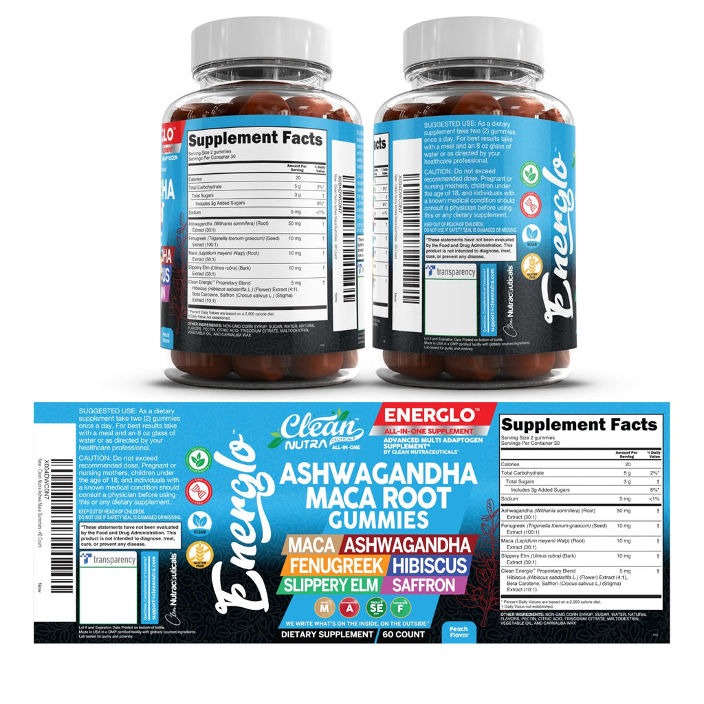 Ashwagandha Maca Root Gummies with Fenugreek Hibiscus Slippery Elm Saffron Extract & Beta Carotene | Peach Flavor Vegan Gummy Vitamins Adaptogen Cortisol Supplement Energlo by Clean Nutra Clean Nutraceuticals Au supplements
