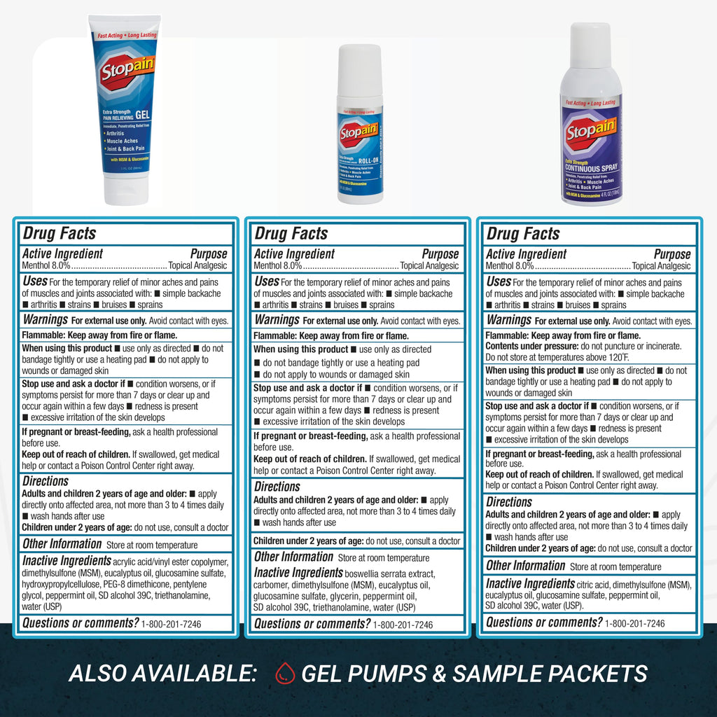 Stopain Pain Relief Combo Set (Gel, Roll On, Spray) USA Made, Max Strength Fast Acting with MSM, Glucosamine, Menthol for Lower Back, Knee, Neck HSA FSA Topical Analgesic Products Stopain Au supplements