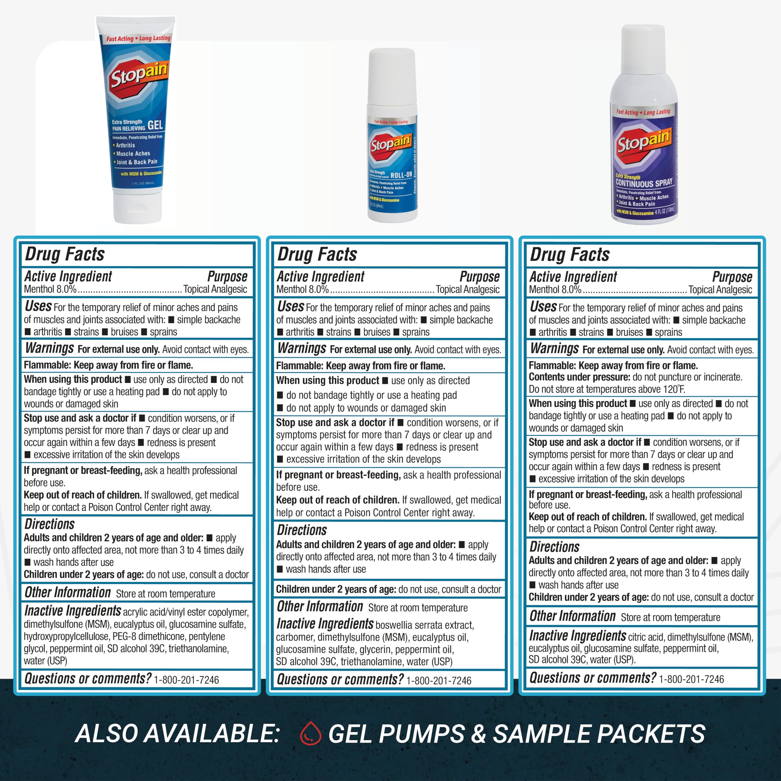 Stopain Pain Relief Combo Set (Gel, Roll On, Spray) USA Made, Max Strength Fast Acting with MSM, Glucosamine, Menthol for Lower Back, Knee, Neck HSA FSA Topical Analgesic Products Stopain Au supplements