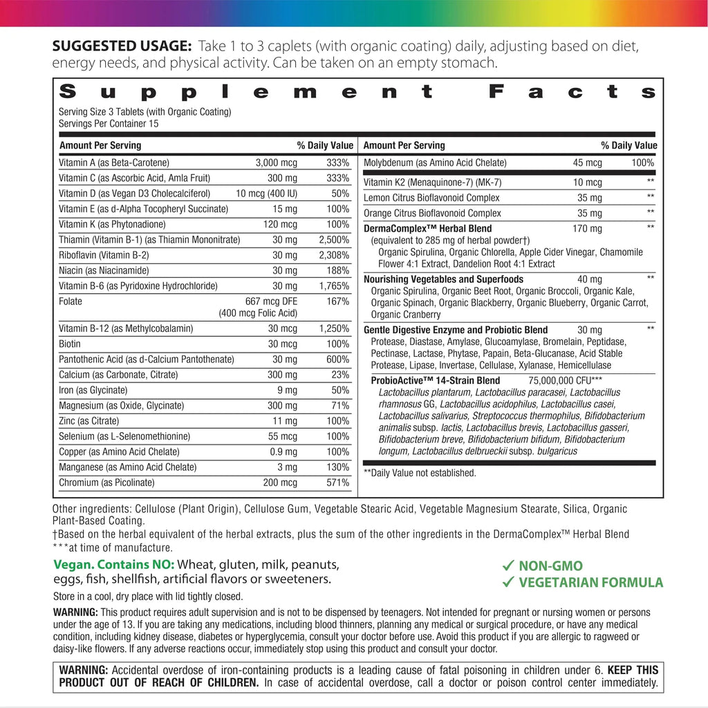Rainbow Light Teen Multivitamin | 45 Caplets | for Boys and Girls | with DermaComplex, Real Food Nutrients & Iron | Rainbow Light Au supplements