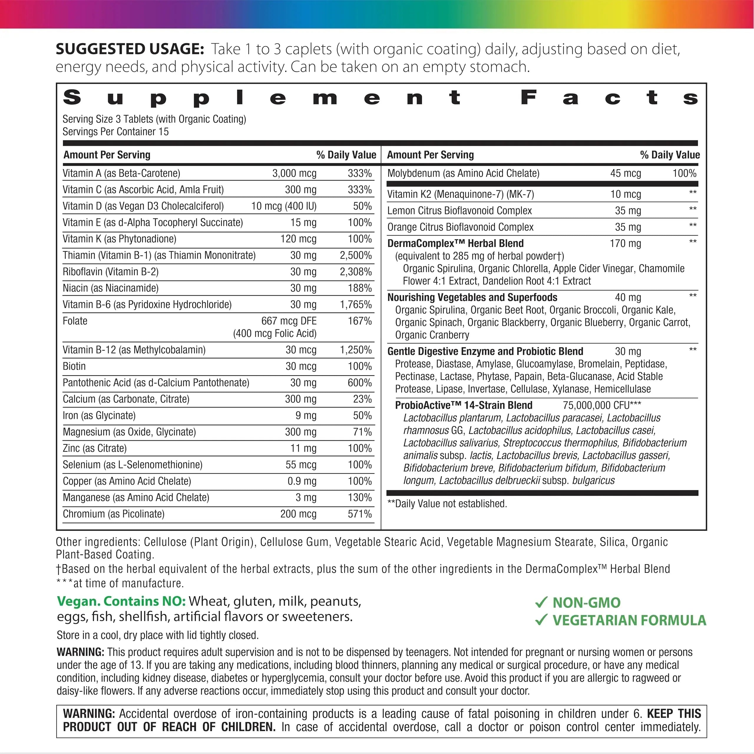 Rainbow Light Teen Multivitamin | 45 Caplets | for Boys and Girls | with DermaComplex, Real Food Nutrients & Iron | Rainbow Light Au supplements