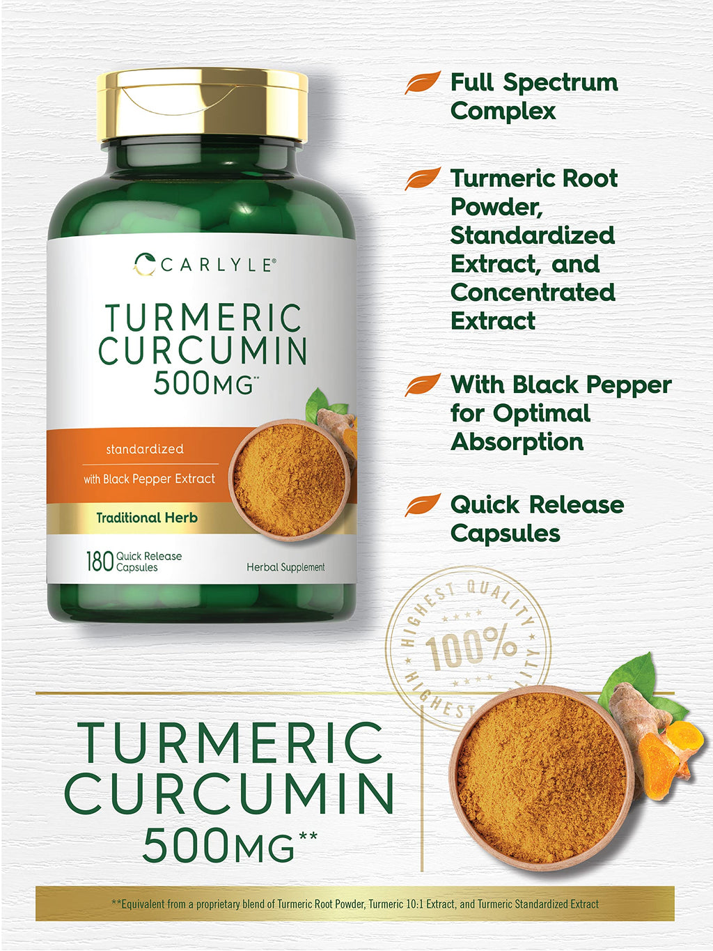 Carlyle Turmeric Curcumin Supplement | 180 Capsules | with Black Pepper Extract | Non-GMO & Gluten Free
