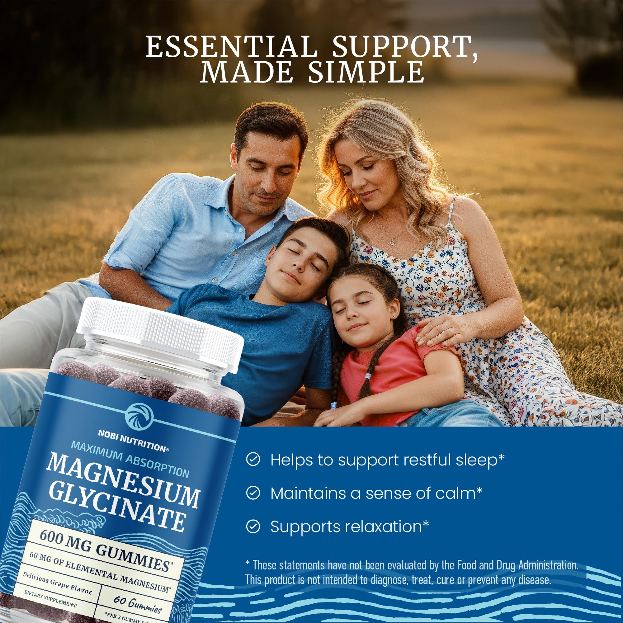 Magnesium Glycinate Gummies 600MG | Sleep, Calm & Relaxation Support | 60MG Elemental Mag Per Serving | Grape Flavor, Gluten-Free | High Absorption Magnesium Gummies for Women, Men & Family | 60 Ct