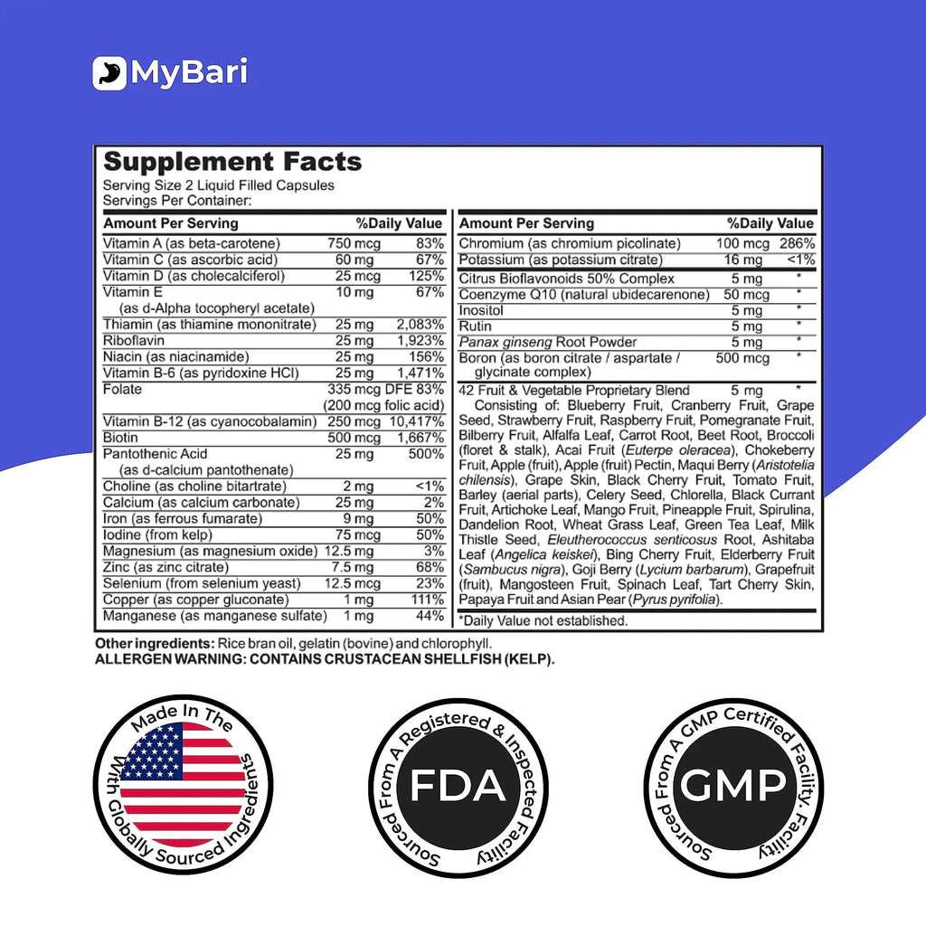 MyBari All-in-One Bariatric Multivitamin with Iron - Made in USA - for Men & Women - Supports Gastric Sleeve & Bypass with 42+ Fruit & Veggie Blend - 60 Liquid Capsules MyBari Au supplements