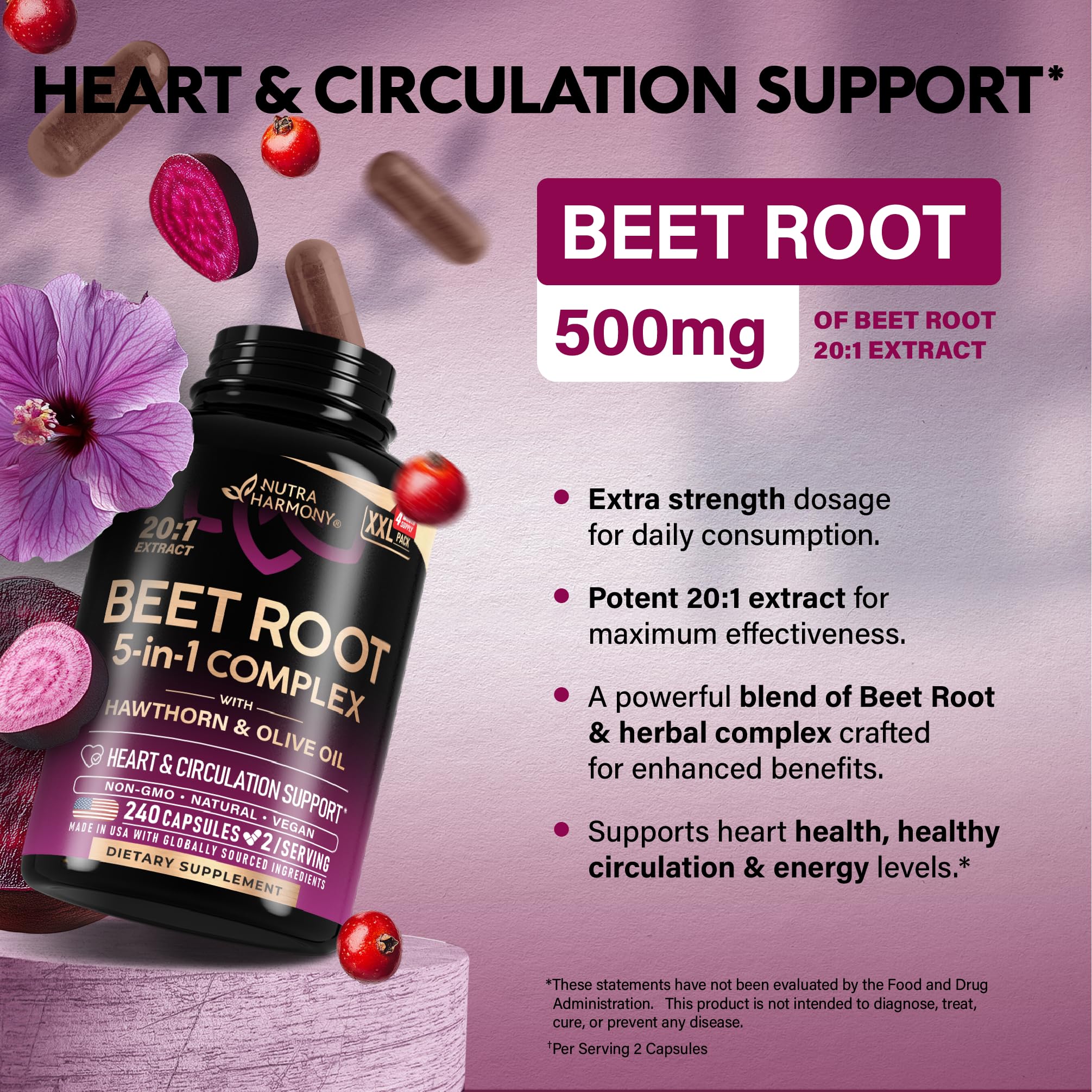 Beet Root 5-in-1 Complex Capsules - Healthy Blood Pressure Support Supplement** for Heart & Circulation Support - with Hawthorn Berry, Hibiscus & Garlic