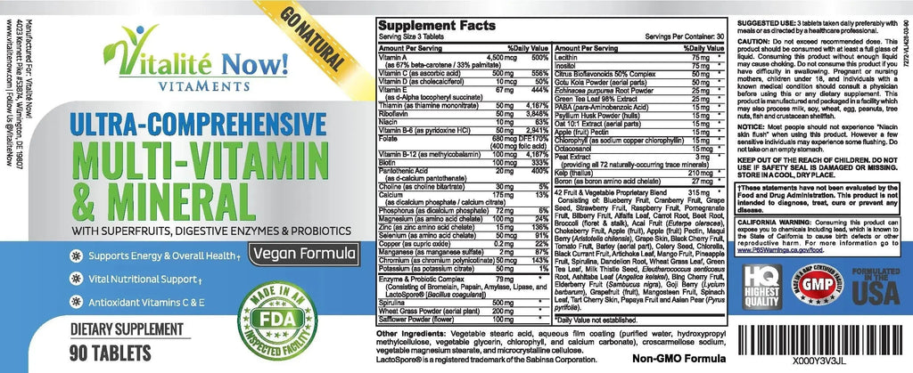 Vegan Whole Food Multivitamin & Mineral - Vitamins A B1 B2 B6 B12 C D3 E & 110 Super Foods, Herbs, Greens & Reds Vitalité Now! Au supplements