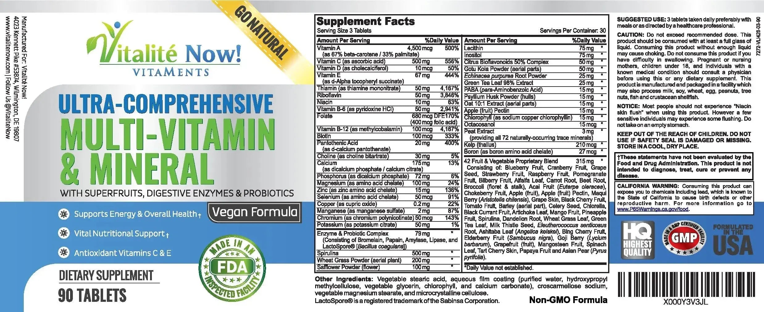 Vegan Whole Food Multivitamin & Mineral - Vitamins A B1 B2 B6 B12 C D3 E & 110 Super Foods, Herbs, Greens & Reds Vitalité Now! Au supplements