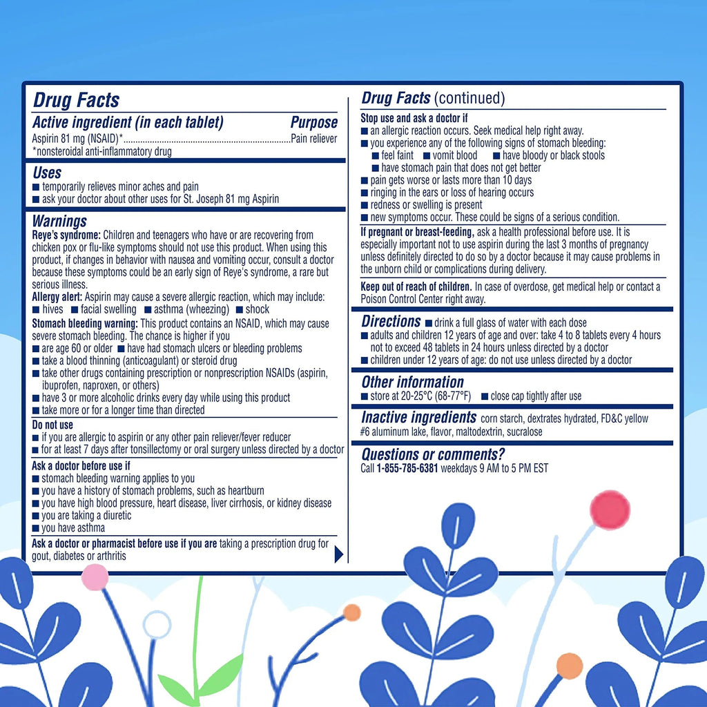 St. Joseph Aspirin Pain Reliever (NSAID) 81mg, Enteric Safety Coated, Adult Low Dose Aspirin, 365 ct St. Joseph Au supplements