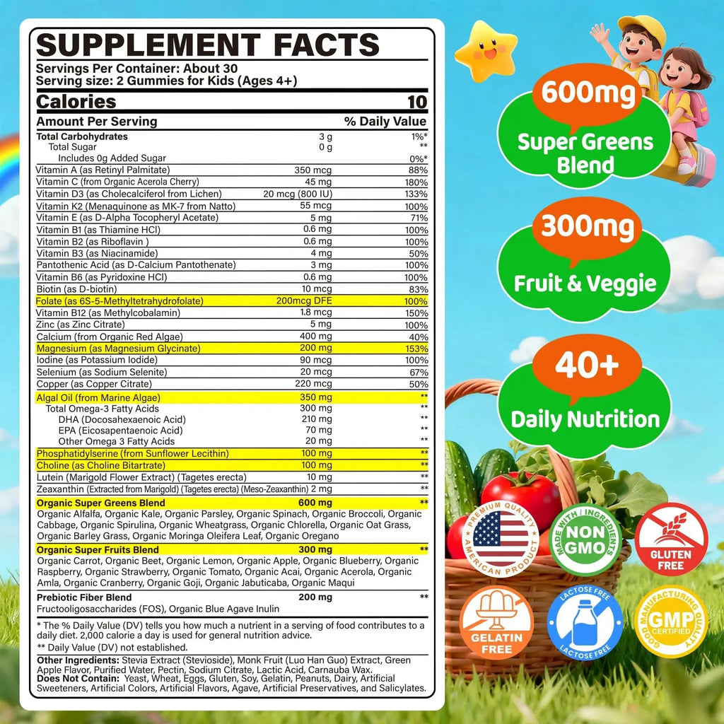 Kids Super Greens Gummies, w/Multivitamins, Spirulina, Chlorella, Spinach, Broccoli, Calcium, Omega-3 (DHA/EPA) EnvyCure Au supplements