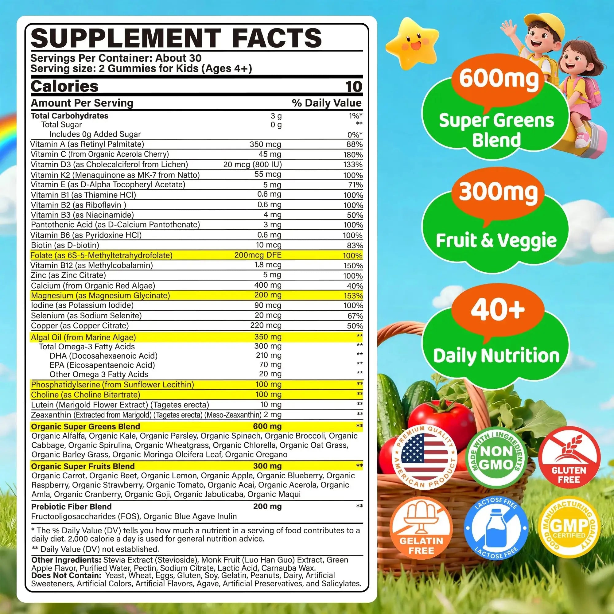 Kids Super Greens Gummies, w/Multivitamins, Spirulina, Chlorella, Spinach, Broccoli, Calcium, Omega-3 (DHA/EPA) EnvyCure Au supplements
