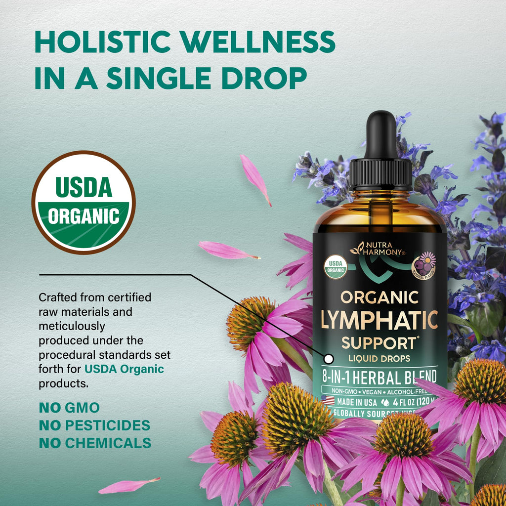USDA Organic Lymphatic Drainage Supplement - Echinacea | Elderberry | Dandelion | Rosehip | Cleavers | Calendula | Burdock - Made in USA - Lymph System Drops