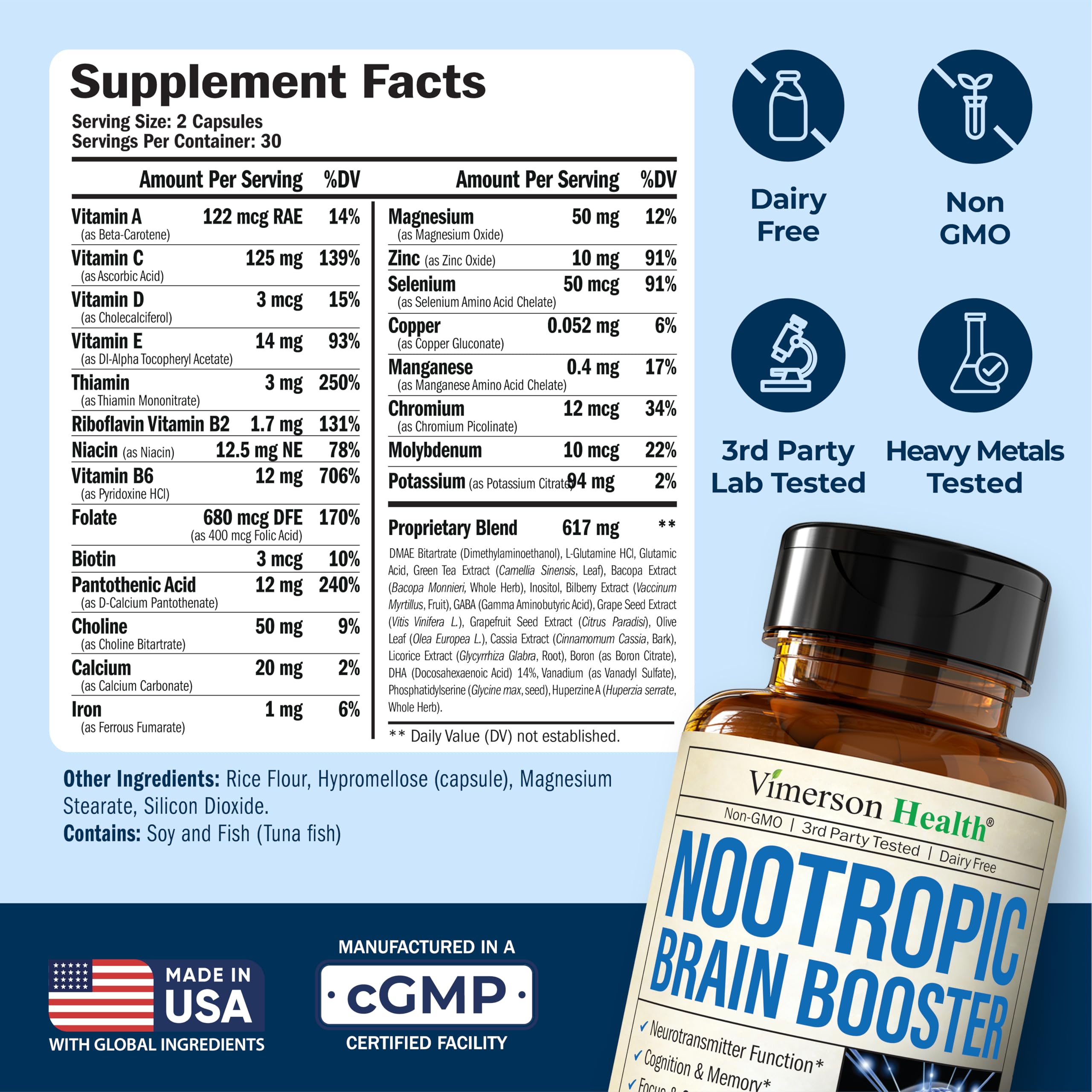 Nootropics Brain Support Supplement - Nootropic Brain Booster for Improved Focus, Concentration & Memory. Brain Nootropic for Brain Health, Mood & Energy Support. Non-GMO. Made in the USA. 60 Capsules Vimerson Health Au supplements
