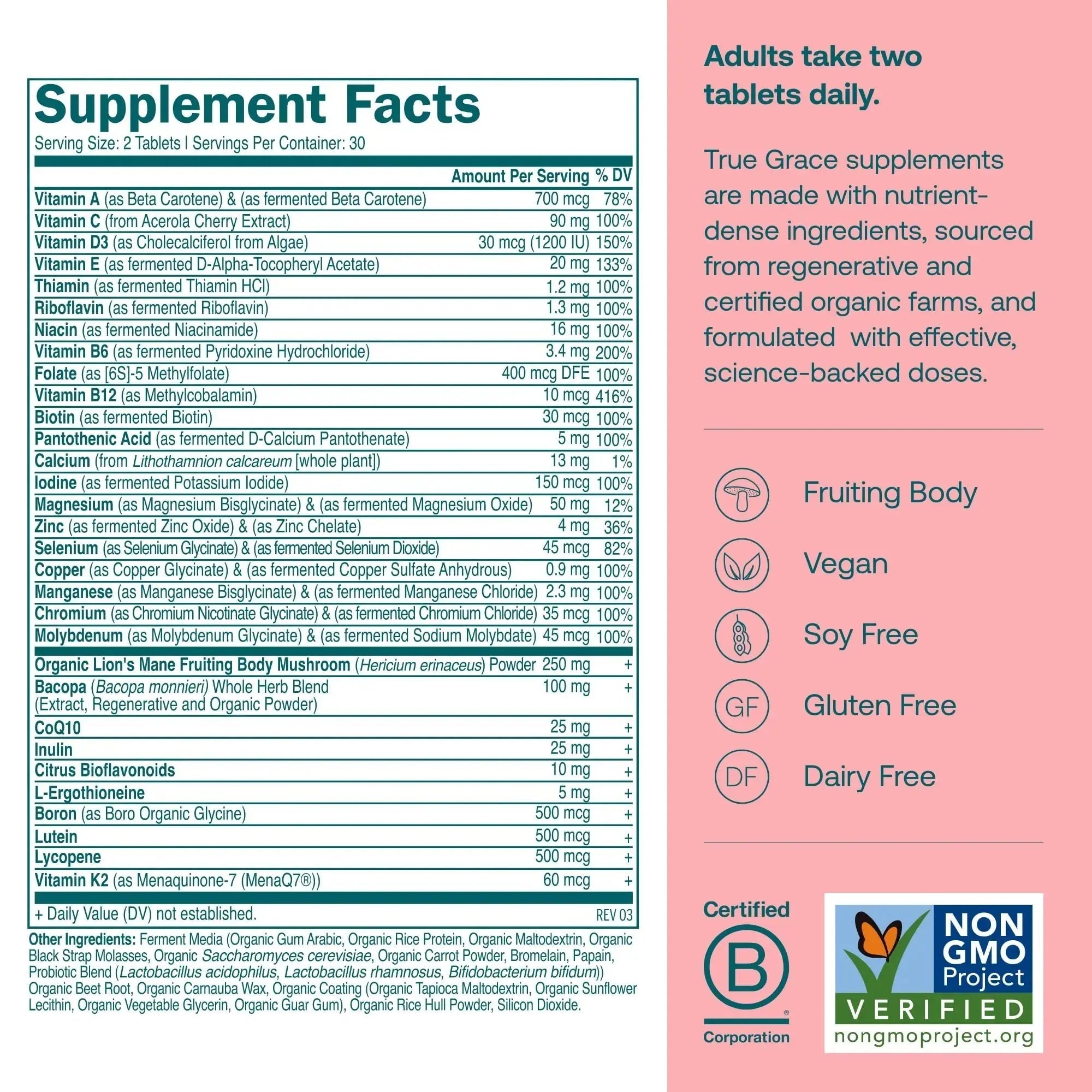 True Grace Daily Women’s Multivitamin 50+ - 60 Easy-to-Swallow Tablets - Immune, Energy, Longevity & Memory Support True Grace Au supplements