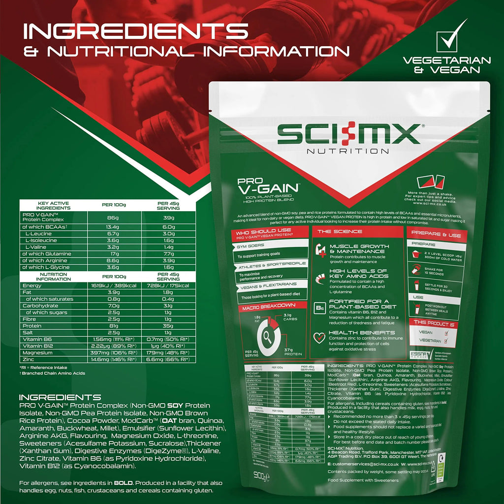 SCI-MX Pro V Gain 100% Plant Based Vegan Protein Formula With No Added Sugar - Chocolate Flavour - 900g - 20 SERVINGS SCI-MX Au supplements