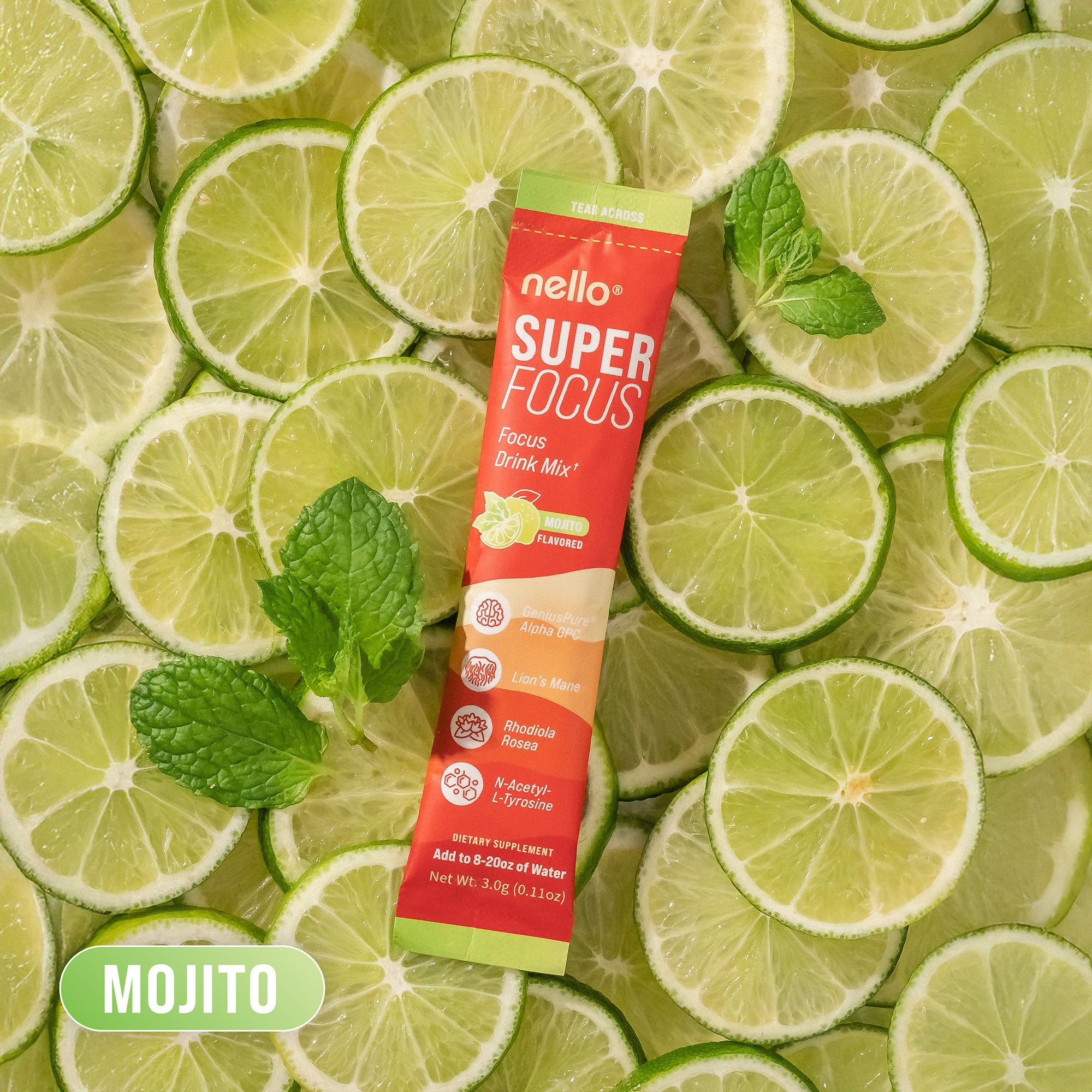 Nello Superfocus Mojito – Nootropic Focus Drink Mix, 20 On-The-Go Packets, Alpha GPC, Lion’s Mane, Rhodiola, Sugar-Free Nello Au supplements