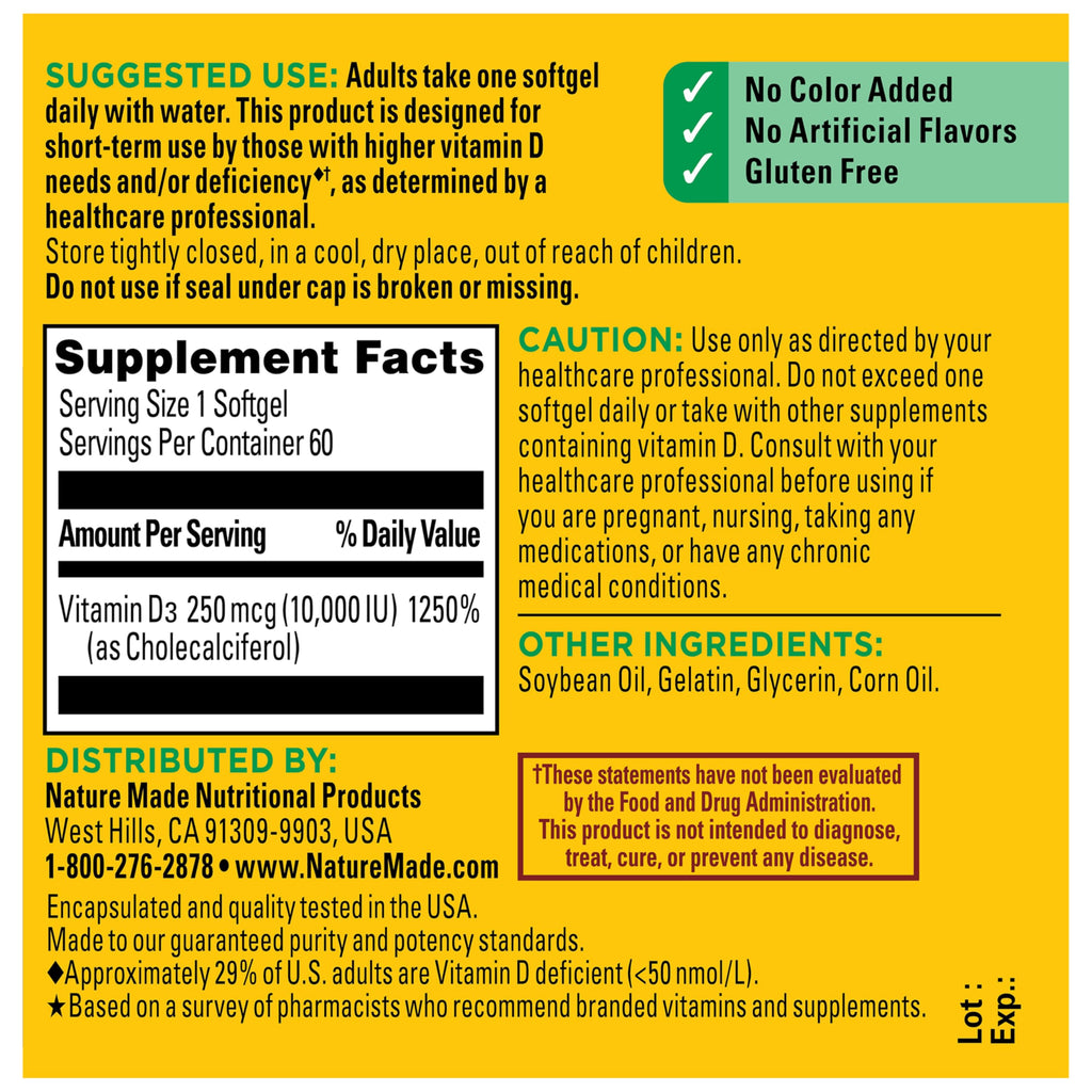 Nature Made Vitamin D3 10000 IU (250 mcg) Maximum Strength, Vitamin D Supplement for Bone and Immune Health Support