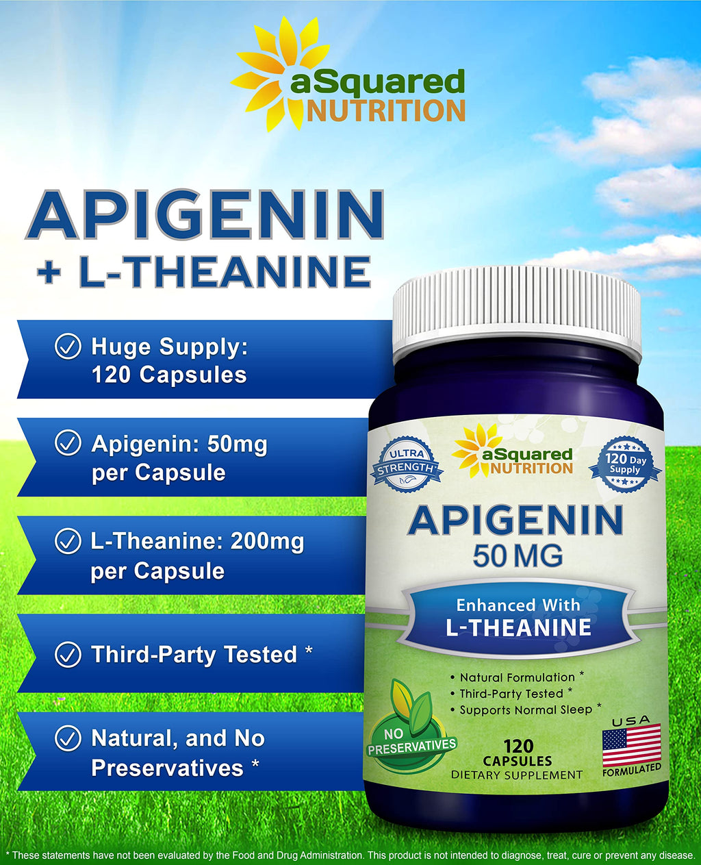 aSquared Nutrition Apigenin 50mg & L-Theanine 200mg - 120 Capsules - Apigenin Supplement Pills for Sleep and Relaxation