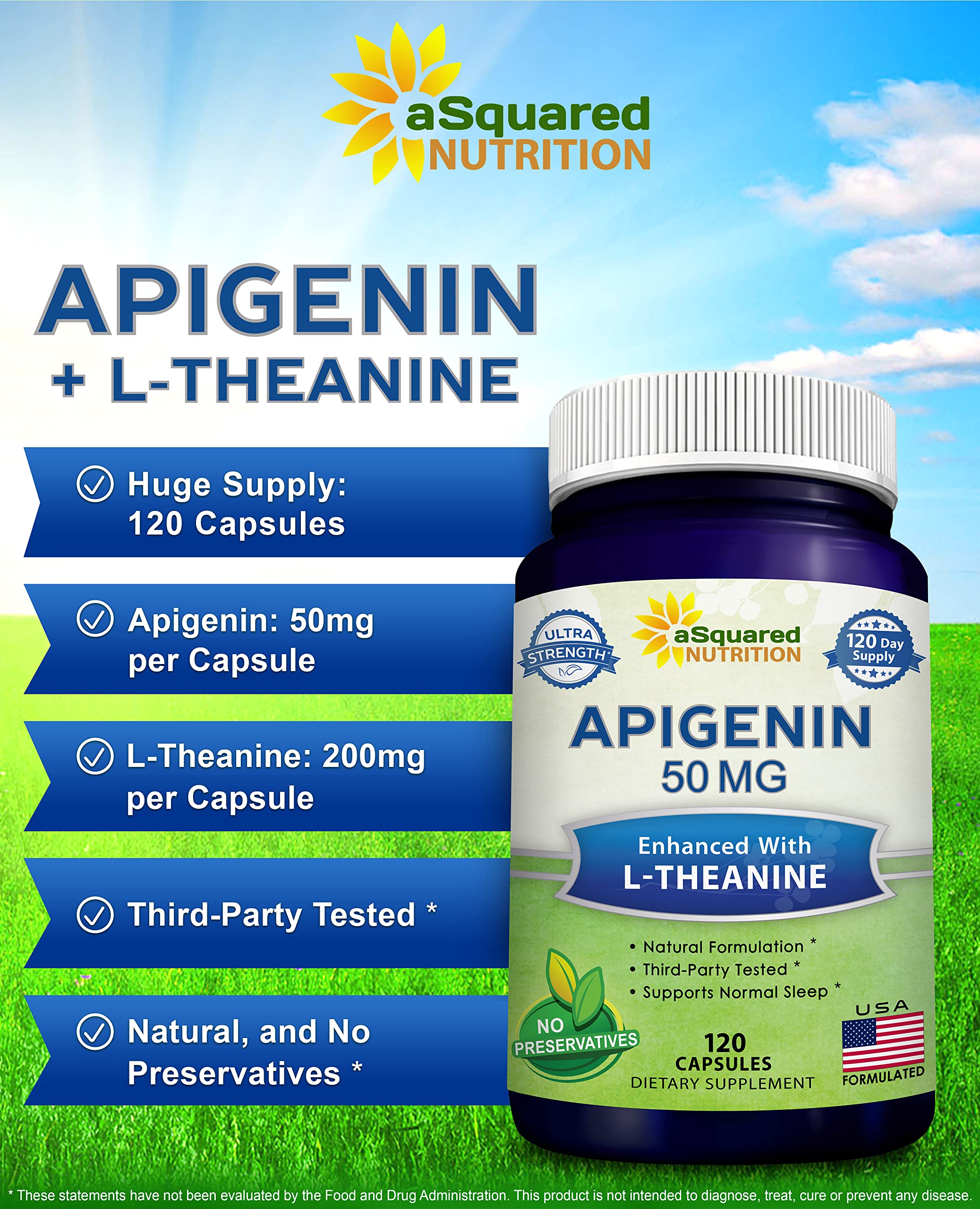 aSquared Nutrition Apigenin 50mg & L-Theanine 200mg - 120 Capsules - Apigenin Supplement Pills for Sleep and Relaxation
