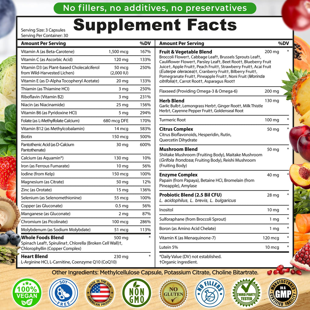 Vegan Whole Food Daily Multivitamin with Iron, Methylated Multivitamin for Women and Men, Made with Fruits & Vegetables, B-Complex, Probiotics, Enzymes