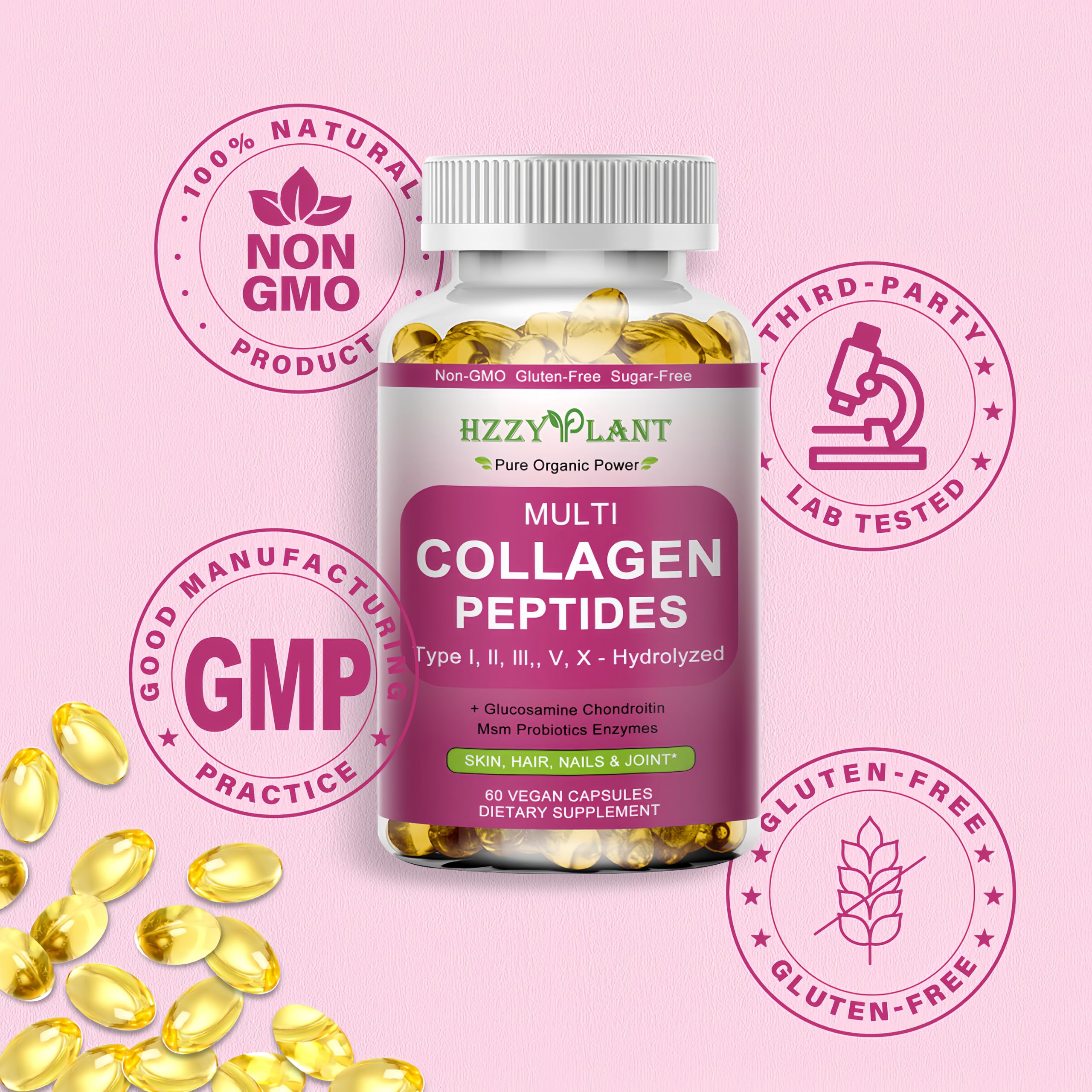 Multi Collagen Peptides Softgel - Type I, II, III, V, X - Hydrolyzed Collagen Peptides with Biotin Vitamin C Hyaluronic Acid for Women & Men, Supports Skin Hair Nail & Joint, Non-GMO, 60 Servings