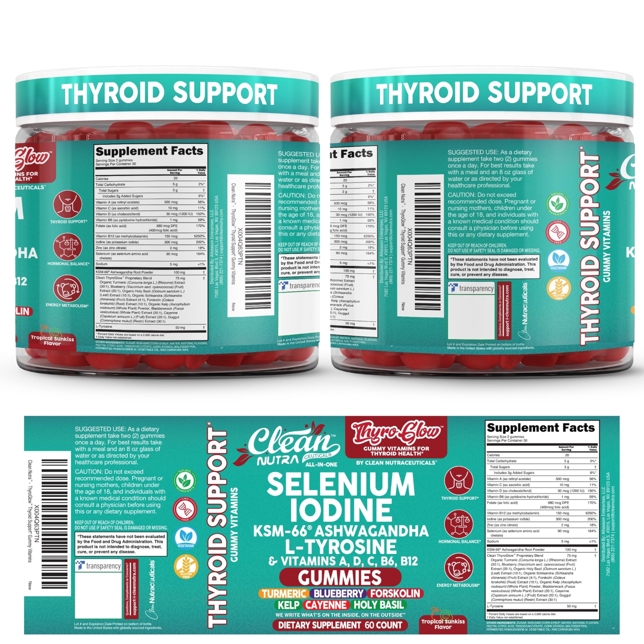 ThyroGlow Thyroid Support Gummies Selenium Iodine KSM 66 Ashwagandha L Tyrosine Vitamin D, C, B12, B6 Turmeric Blueberry Holy
