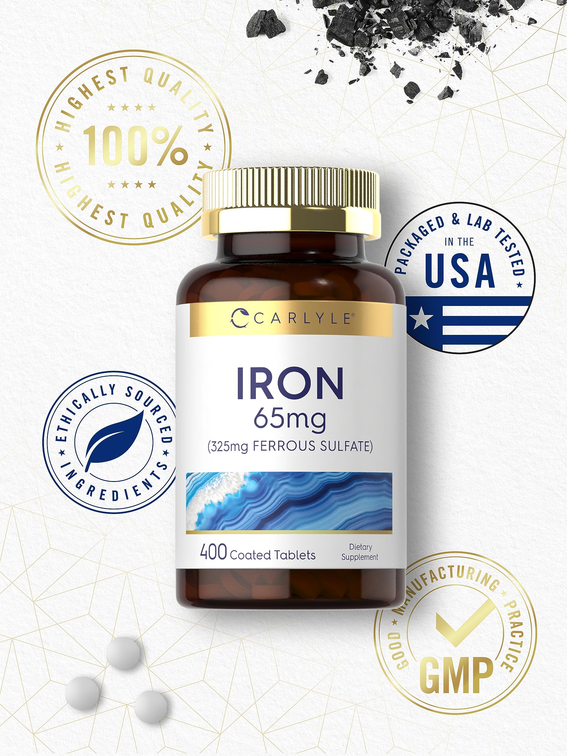 Carlyle Iron Ferrous Sulfate 325mg, 65 mg | 400 Tablets | Non-GMO, Gluten Free, and Vegetarian Supplement | High Potency