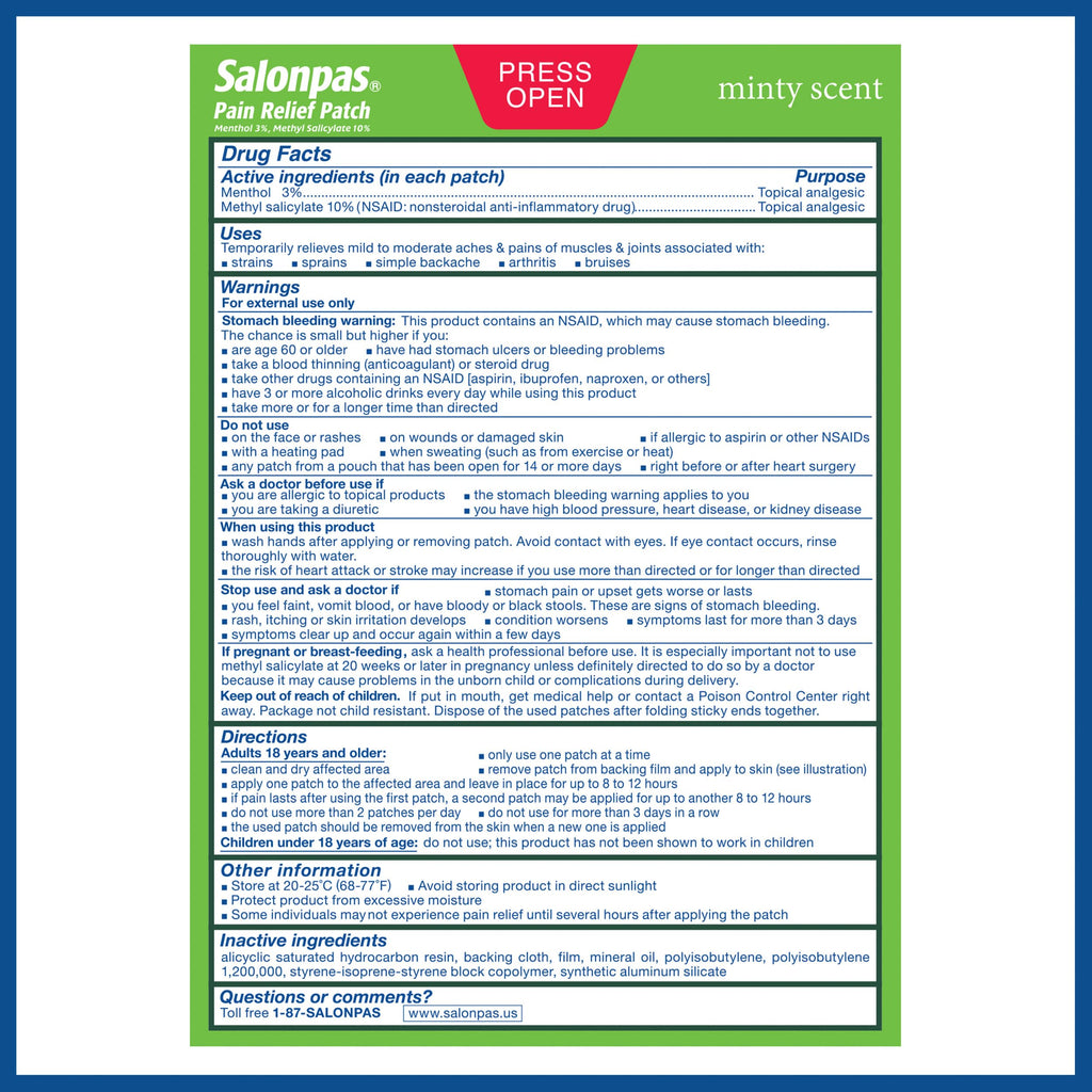 Salonpas Pain Relief Patch, 20 Count (Pack of 1), Up to 12 Hours Temporary Relief of Mild to Moderate Pain, Backache, Sore Muscle, Sprains, Bruises Salonpas Au supplements