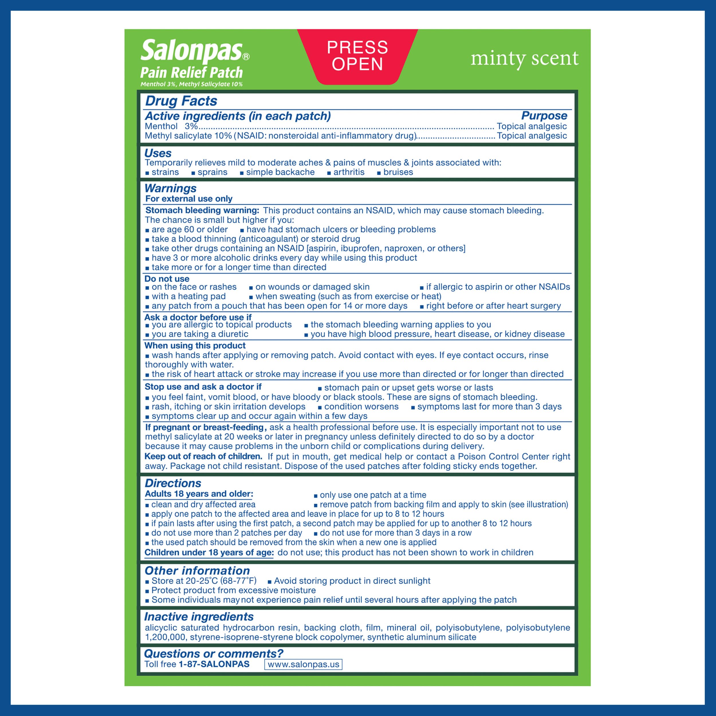 Salonpas Pain Relief Patch, 20 Count (Pack of 1), Up to 12 Hours Temporary Relief of Mild to Moderate Pain, Backache, Sore Muscle, Sprains, Bruises Salonpas Au supplements