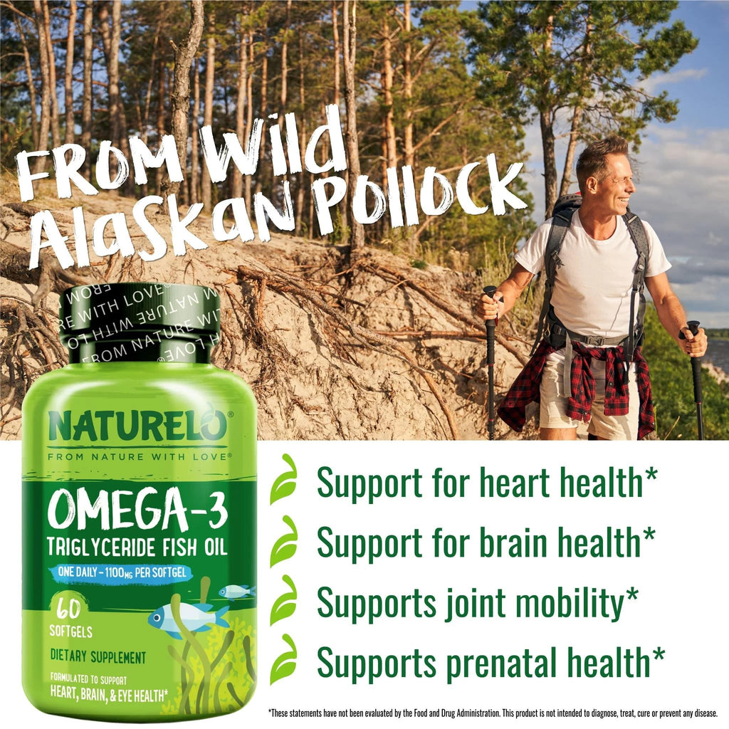 NATURELO Burpless Omega 3 Fish Oil Supplement - 1100mg Triglyceride Omega-3, EPA + DHA, Liquid Fish Oil for Heart, Eye, Brain, Joint Health