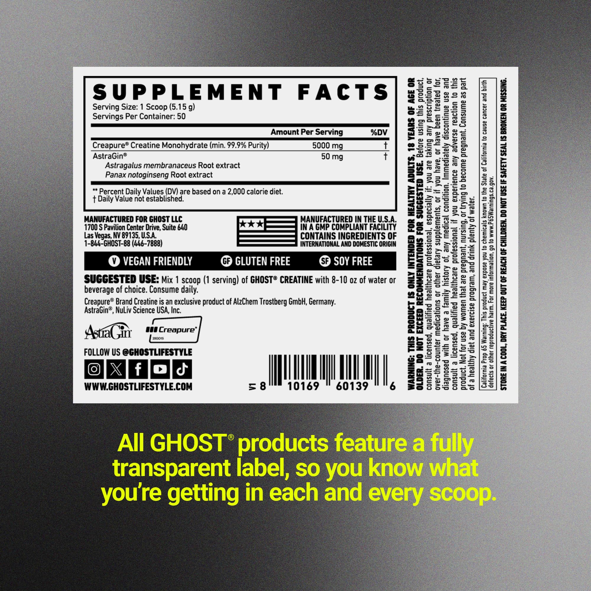 GHOST Basics Creatine Monohydrate Powder for Men & Women – 5G Creapure Creatine Workout Supplement for Muscle Gain – Vegan, Soy Free & Gluten Free - 50 Servings